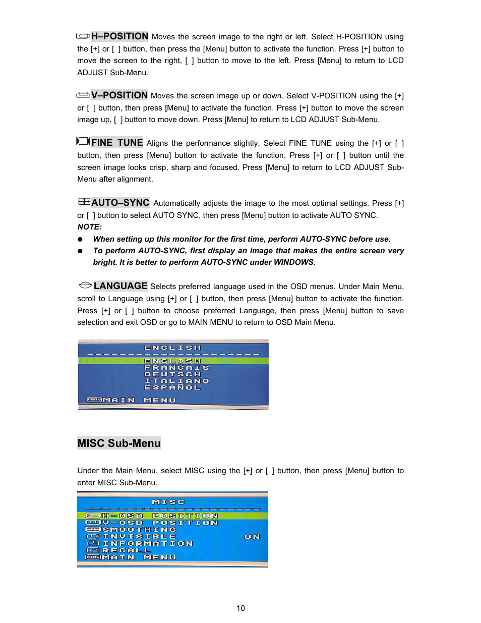 Misc sub-menu | Planar PL190M User Manual | Page 11 / 17