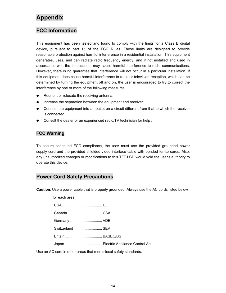 Appendix, Fcc information, Power cord safety precautions | Planar PL190M User Manual | Page 15 / 17