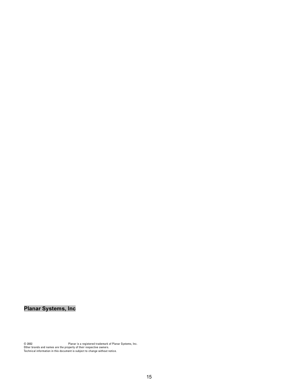 3odqdu 6\vwhpv ,qf | Planar PL190M User Manual | Page 16 / 17