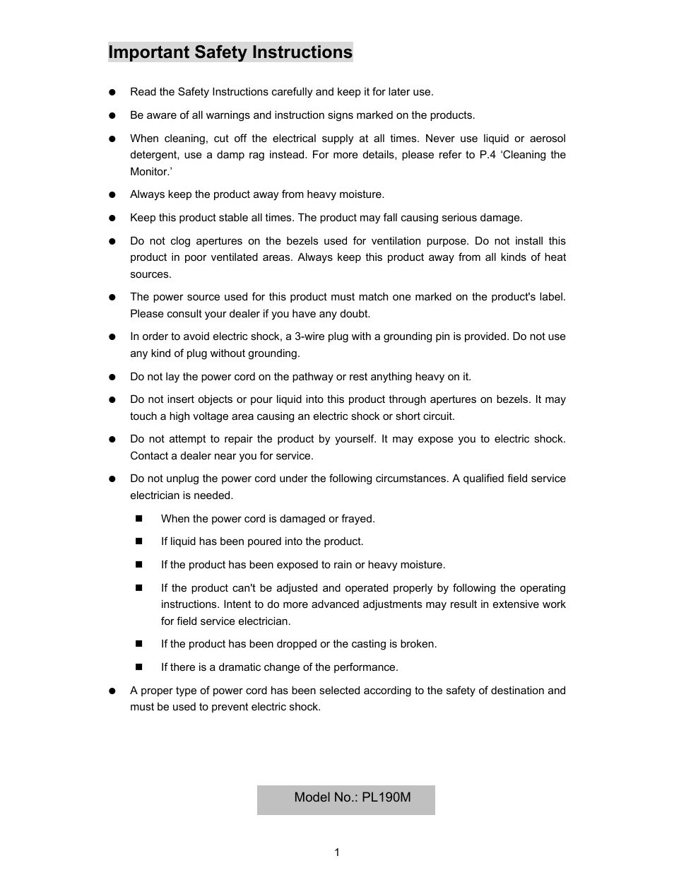 Important safety instructions, Model no.: pl190m | Planar PL190M User Manual | Page 2 / 17