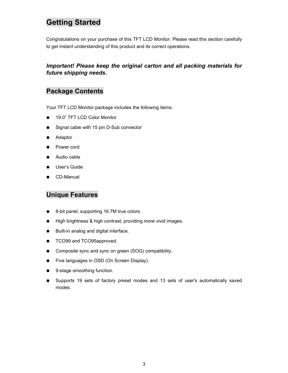 Getting started, Package contents, Unique features | Planar PL190M User Manual | Page 4 / 17