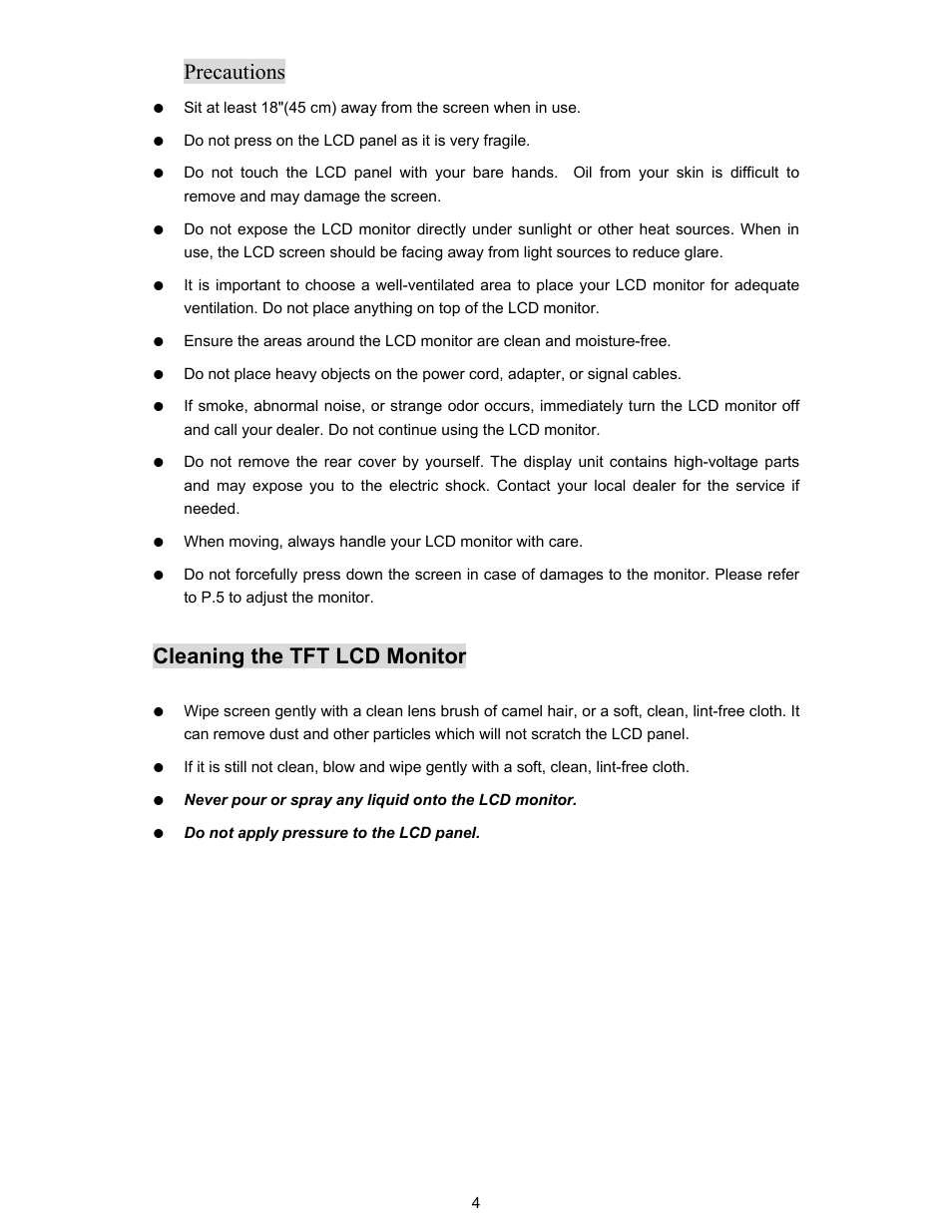 Precautions, Cleaning the tft lcd monitor | Planar PL190M User Manual | Page 5 / 17