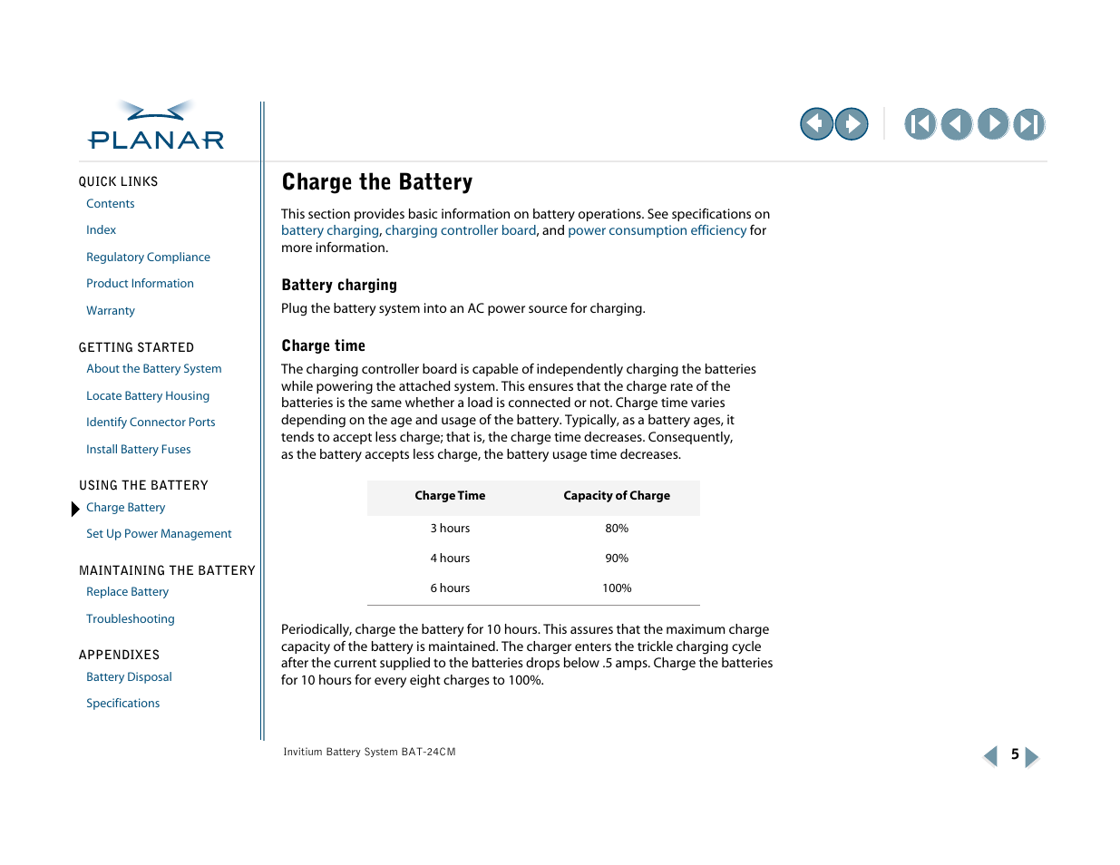 Using the battery, Charge the battery, Battery charging | Charge time, Charge battery | Planar BAT-24CM User Manual | Page 10 / 32