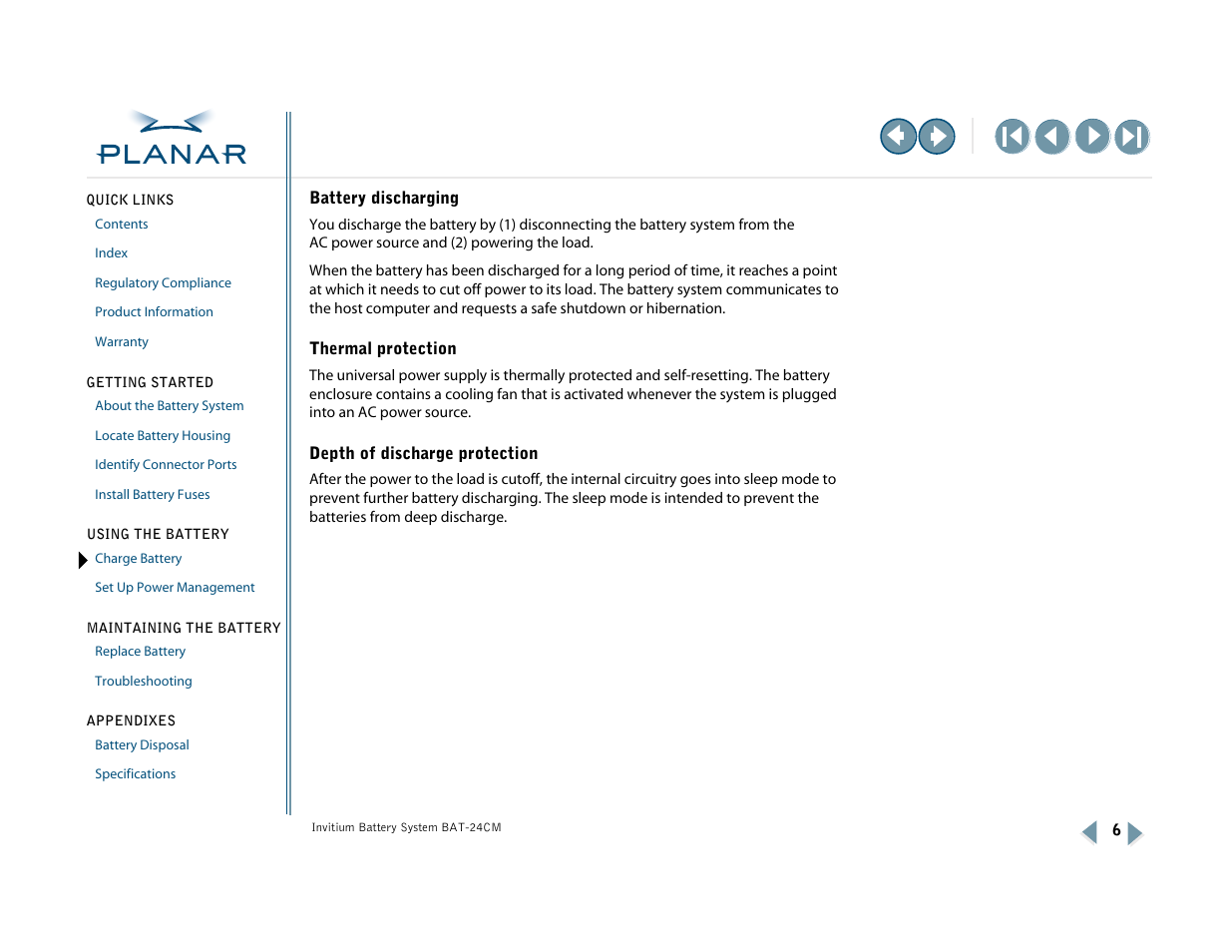 Battery discharging, Thermal protection, Depth of discharge protection | Planar BAT-24CM User Manual | Page 11 / 32