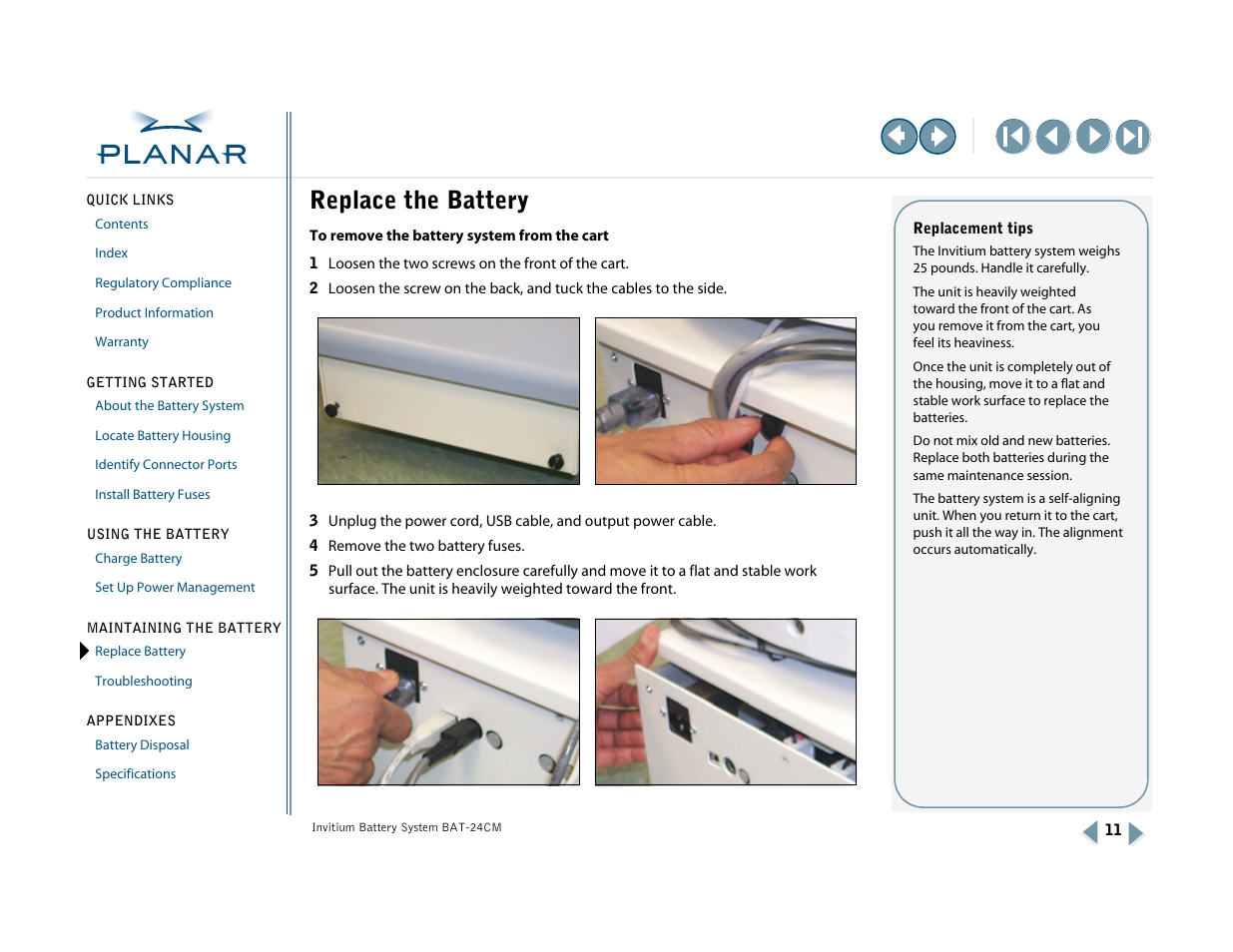 Maintaining the battery, Replace the battery, Replace battery | Planar BAT-24CM User Manual | Page 16 / 32