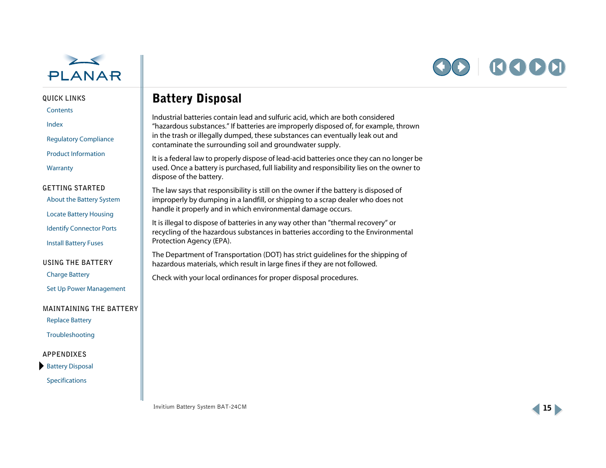 Appendix a: battery disposal, Battery disposal | Planar BAT-24CM User Manual | Page 20 / 32