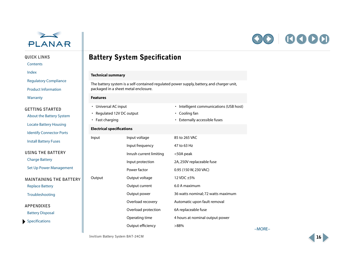 Appendix b: battery system specification, Specifications, Battery system specification | See the, Technical specification, For more information | Planar BAT-24CM User Manual | Page 21 / 32