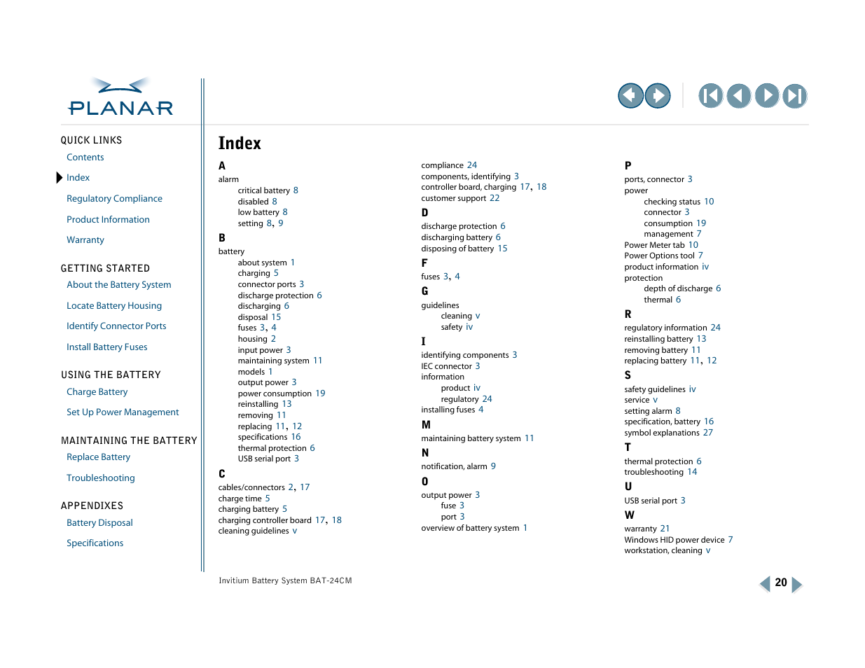 Index | Planar BAT-24CM User Manual | Page 25 / 32