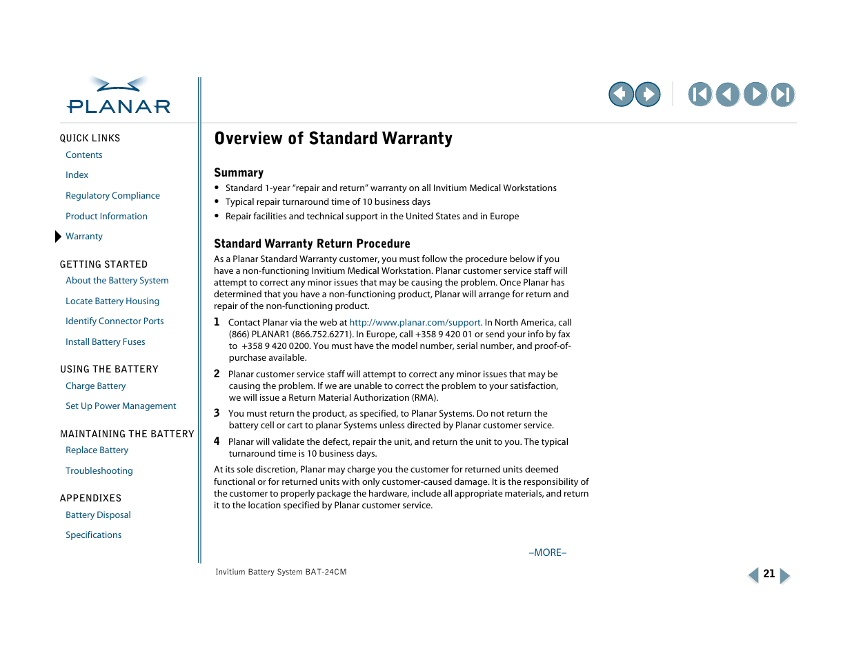 Standard warranty overview, Warranty, Description of warranty | For more information, Overview of standard warranty | Planar BAT-24CM User Manual | Page 26 / 32