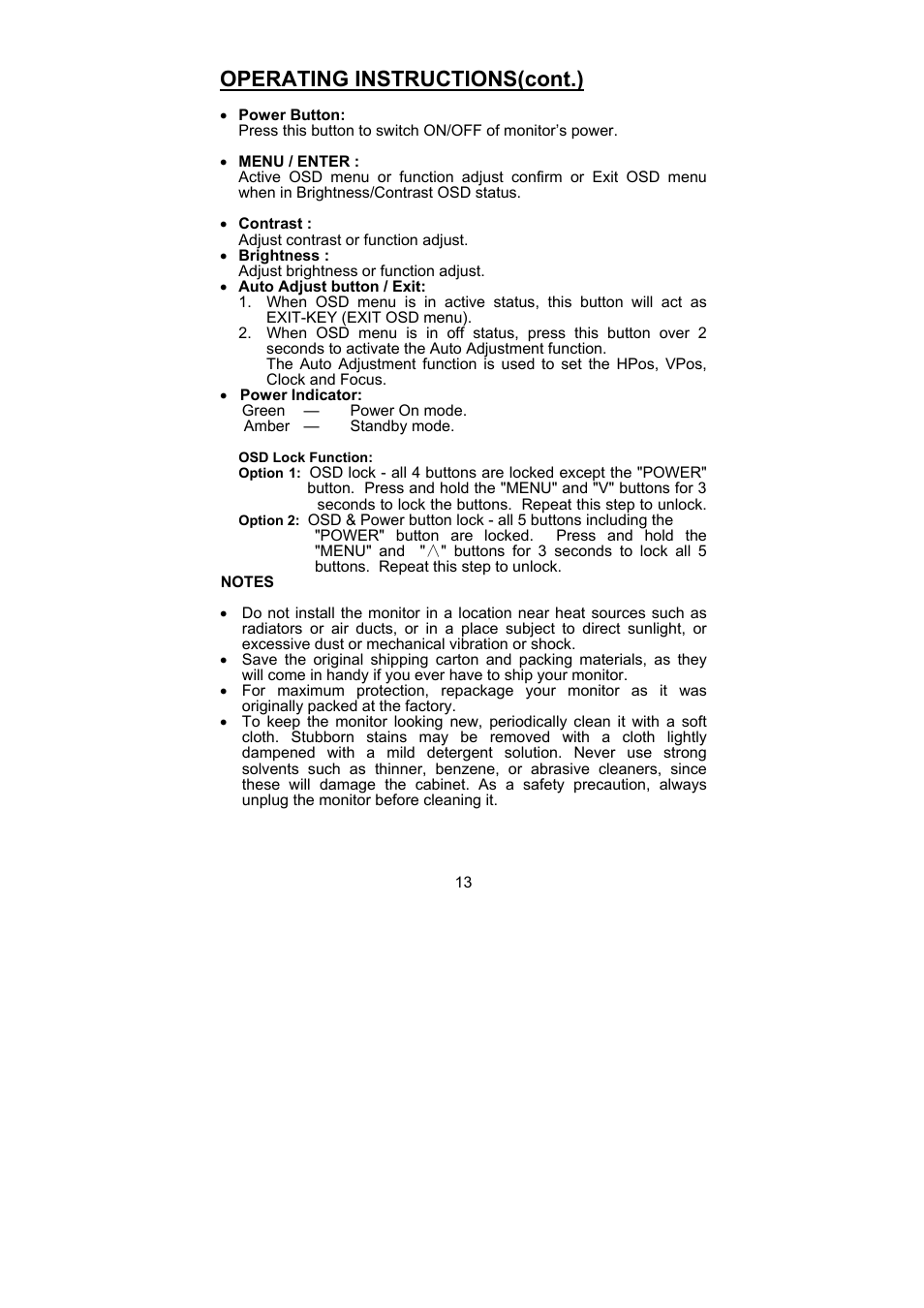 Operating instructions(cont.) | Planar PL1900 User Manual | Page 13 / 24