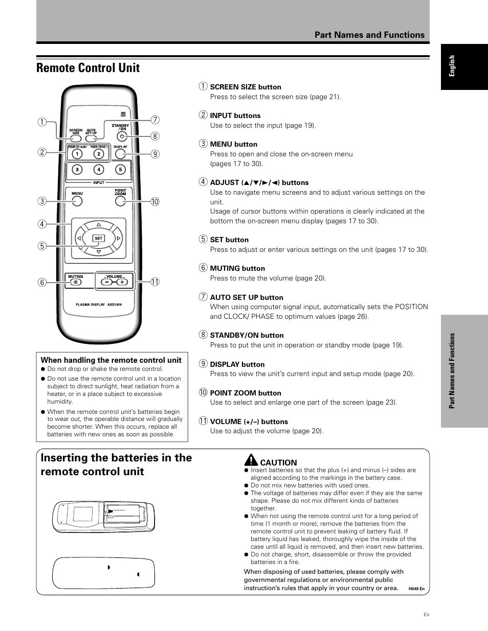 Remote control unit, Inserting the batteries in the remote control unit | Planar PDP 43P User Manual | Page 12 / 43