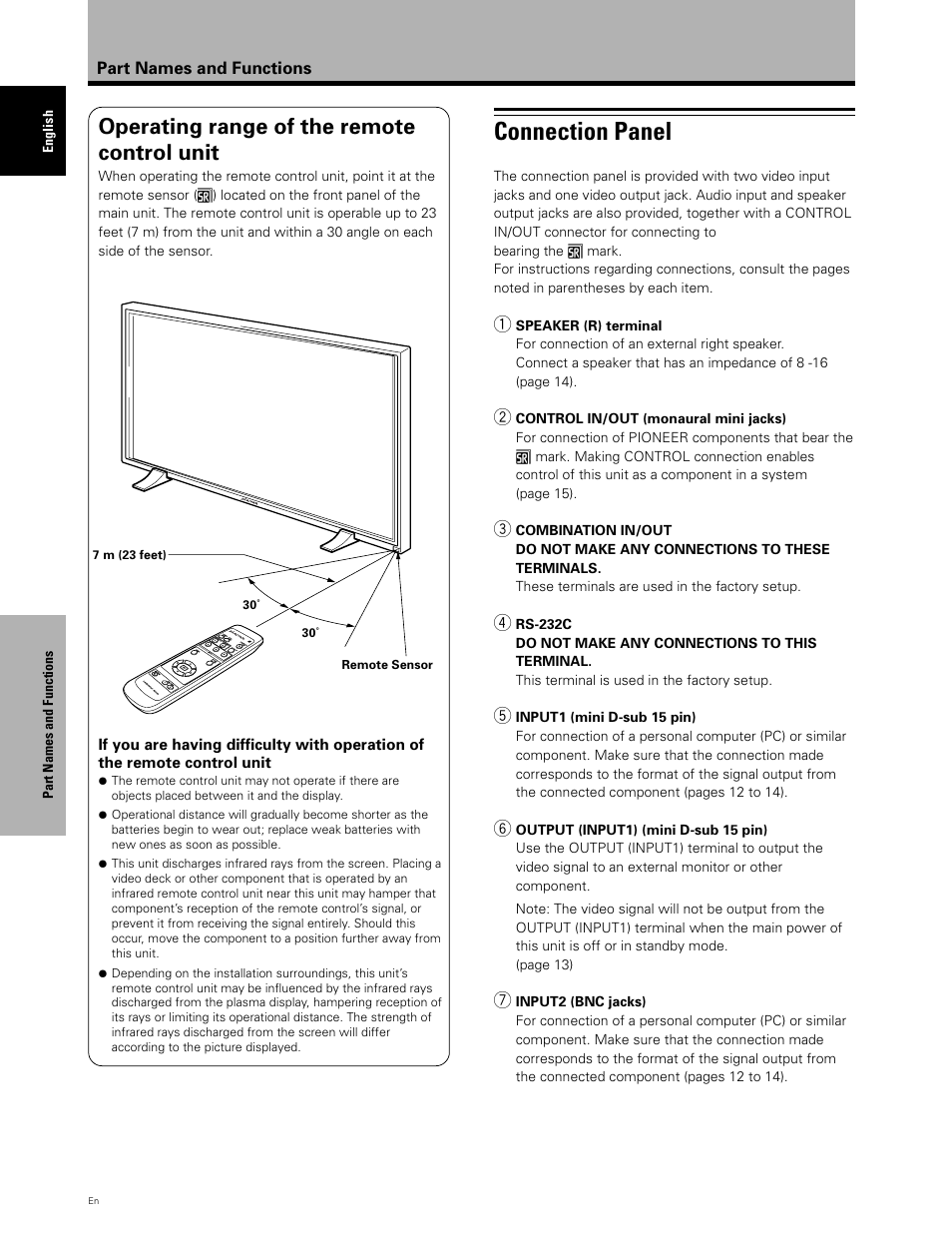 Connection panel, Operating range of the remote control unit | Planar PDP 43P User Manual | Page 13 / 43