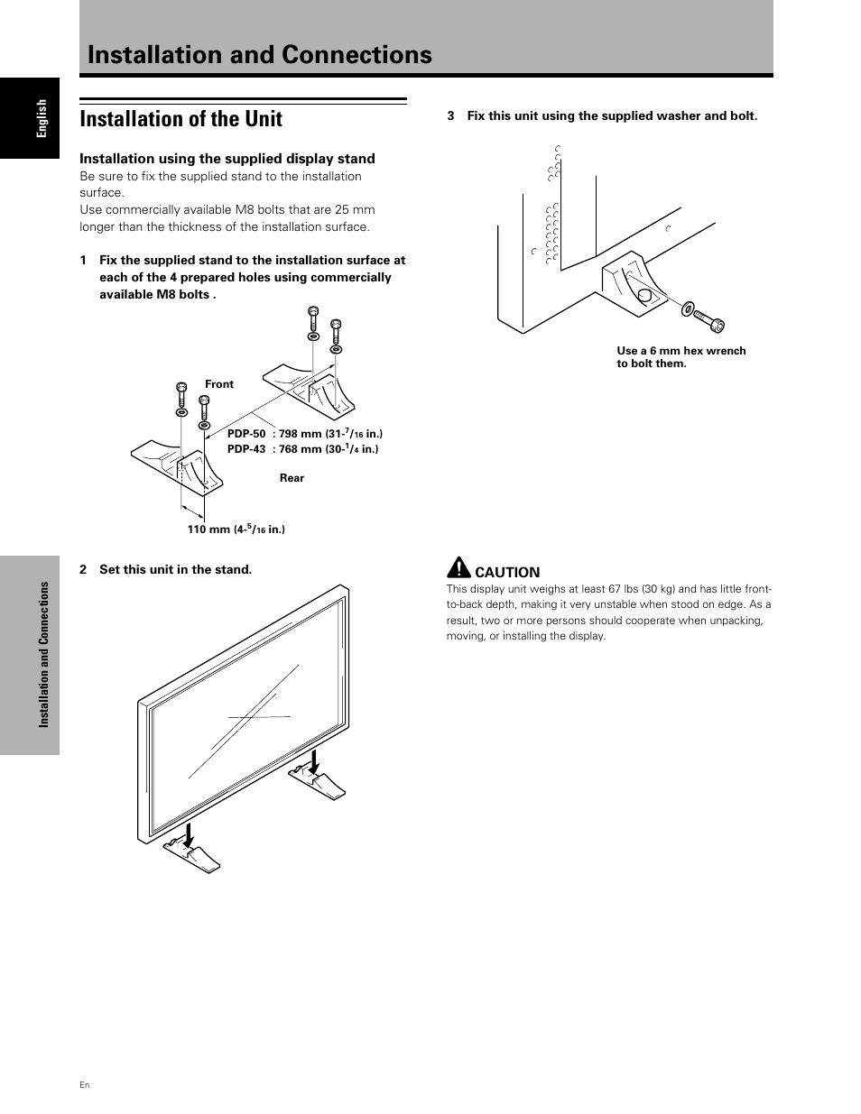 Installation and connections, Installation of the unit | Planar PDP 43P User Manual | Page 15 / 43