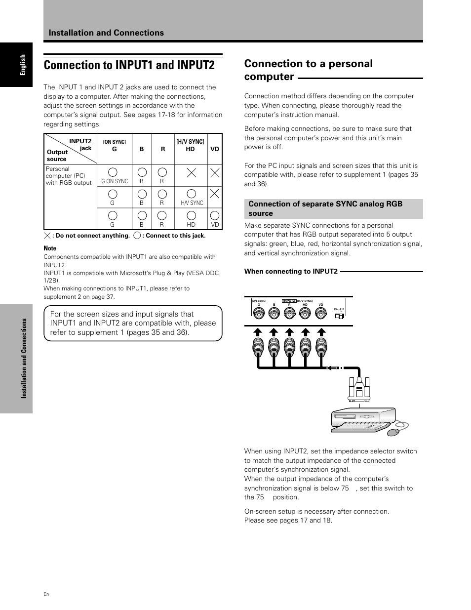 Connection to input1 and input2, Connection to a personal computer, Installation and connections | Planar PDP 43P User Manual | Page 17 / 43