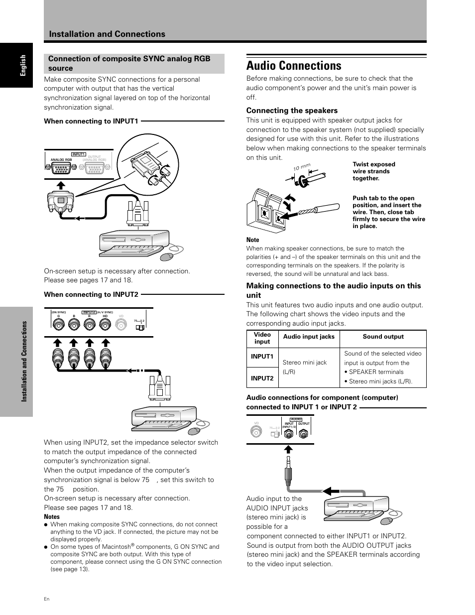 Audio connections, Installation and connections, Connection of composite sync analog rgb source | Connecting the speakers, English installation and connections | Planar PDP 43P User Manual | Page 19 / 43