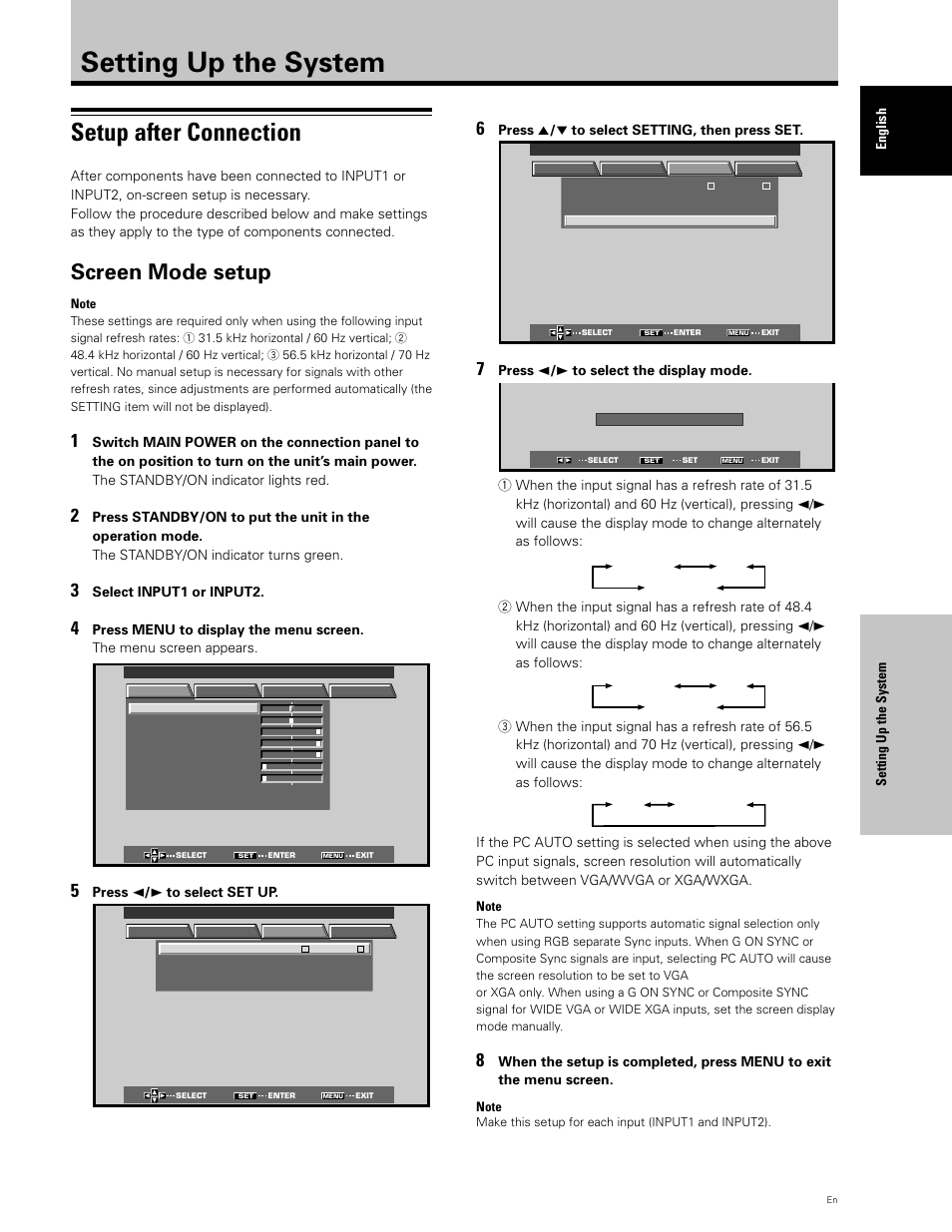 Setting up the system, Setup after connection, Screen mode setup | Planar PDP 43P User Manual | Page 22 / 43