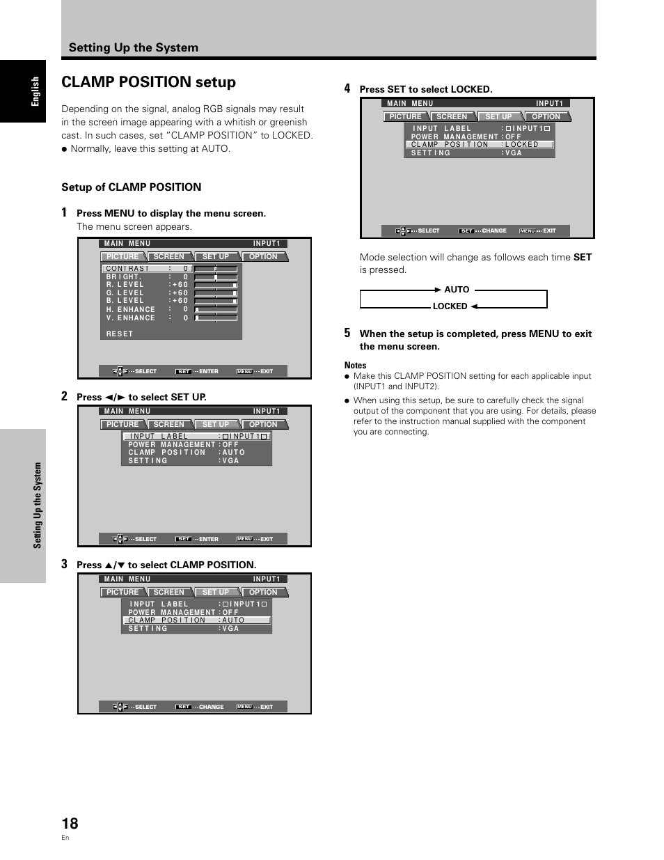 Clamp position setup, Setting up the system, Setup of clamp position | English setting up the system, Press 2 / 3 to select set up, Press 5 / ∞ to select clamp position, Press set to select locked | Planar PDP 43P User Manual | Page 23 / 43