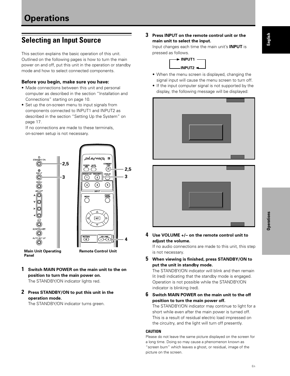 Operations, Selecting an input source | Planar PDP 43P User Manual | Page 24 / 43