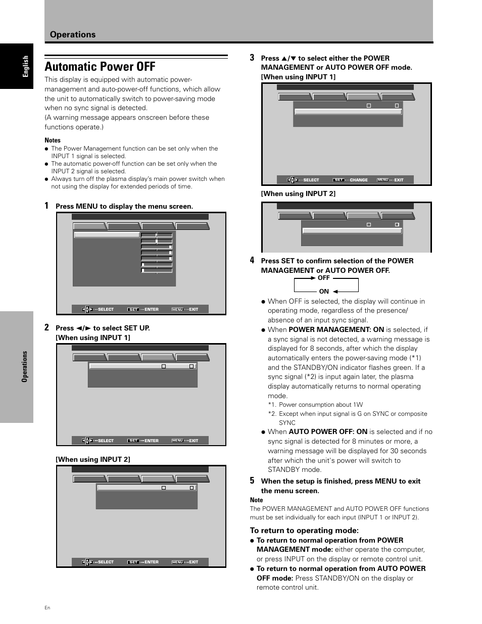 Automatic power off, Operations | Planar PDP 43P User Manual | Page 29 / 43