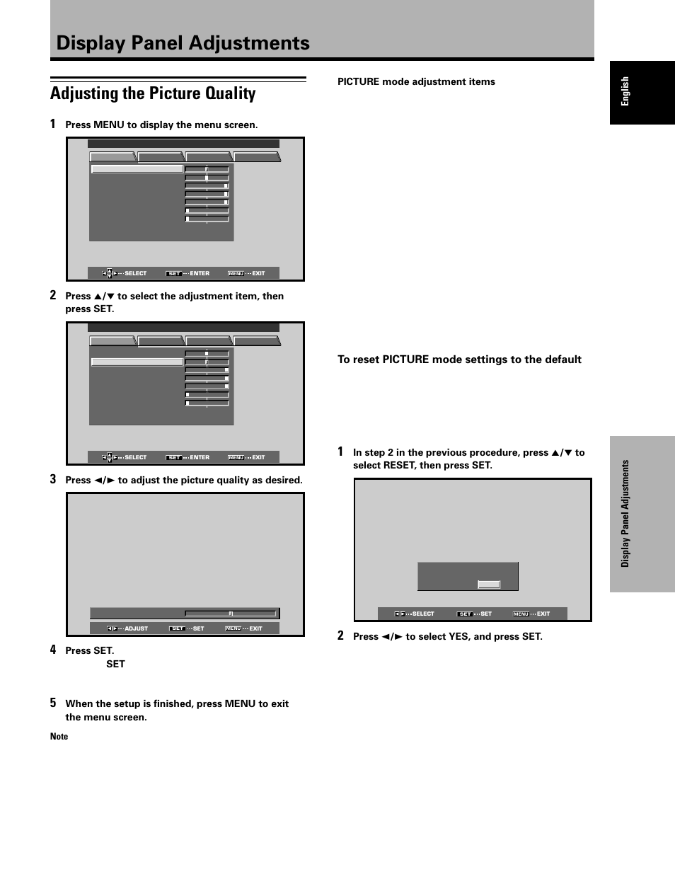 Display panel adjustments, Adjusting the picture quality | Planar PDP 43P User Manual | Page 30 / 43