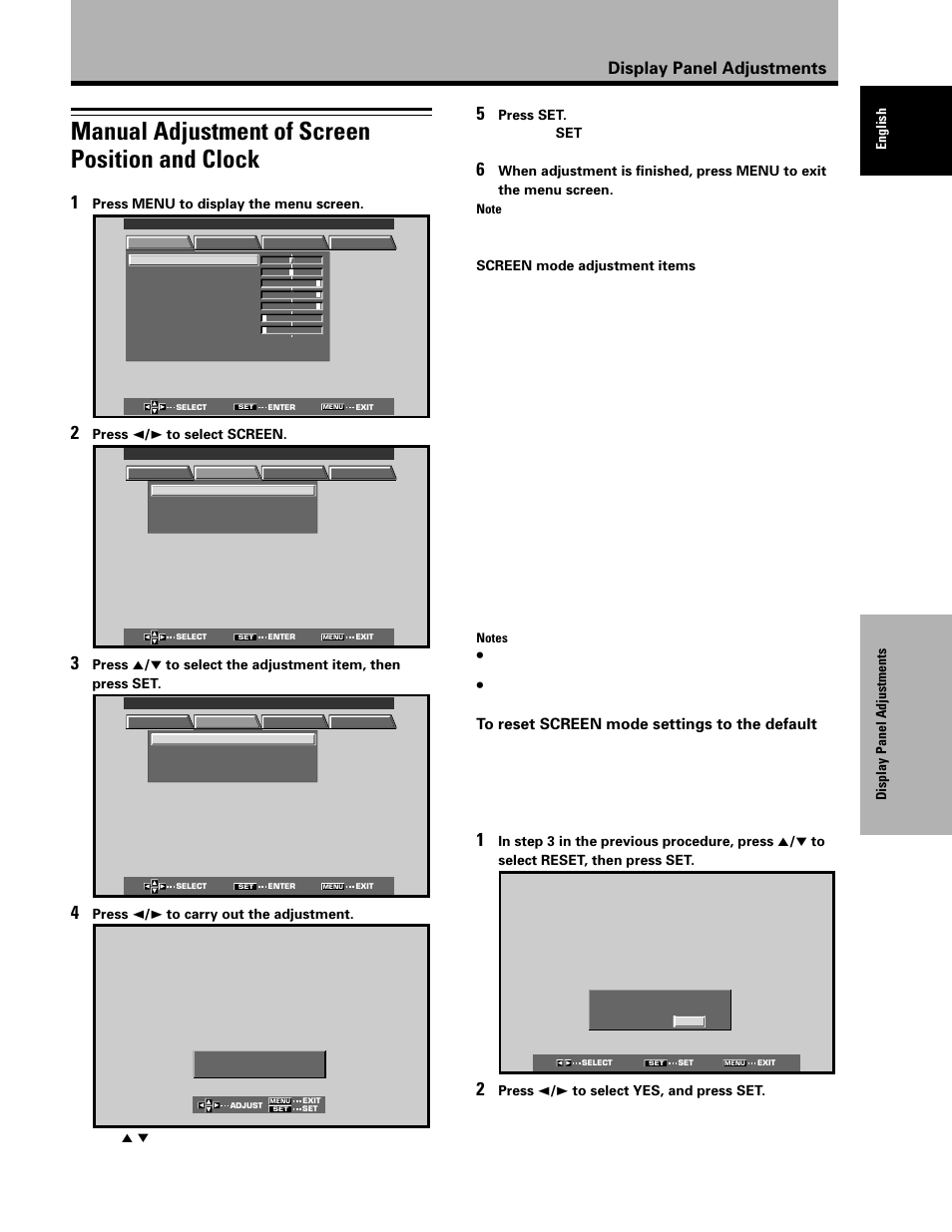 Manual adjustment of screen position and clock, Display panel adjustments | Planar PDP 43P User Manual | Page 32 / 43