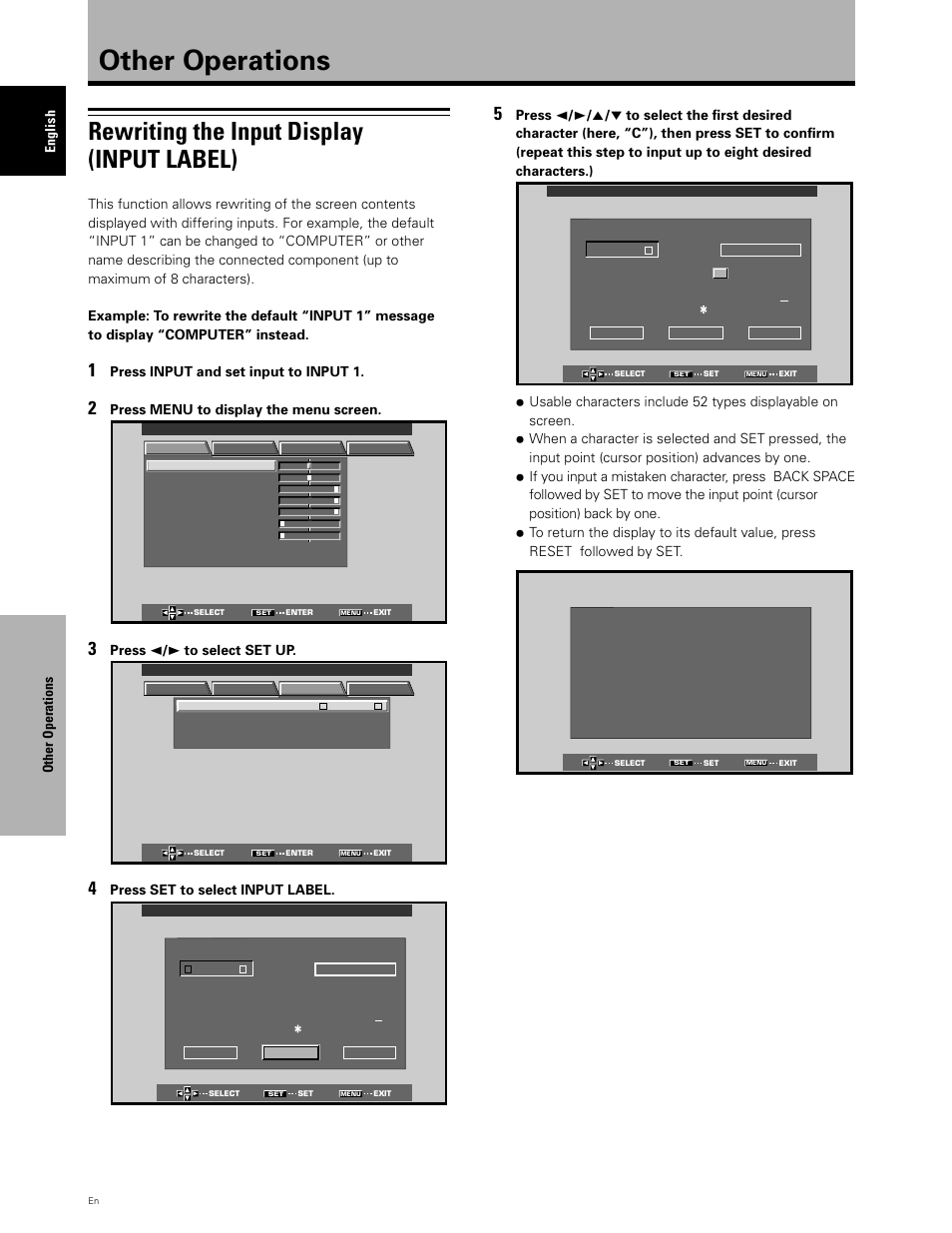 Other operations, Rewriting the input display (input label), Other operations english | Press input and set input to input 1, Press menu to display the menu screen, Press 2 / 3 to select set up, Press set to select input label | Planar PDP 43P User Manual | Page 33 / 43