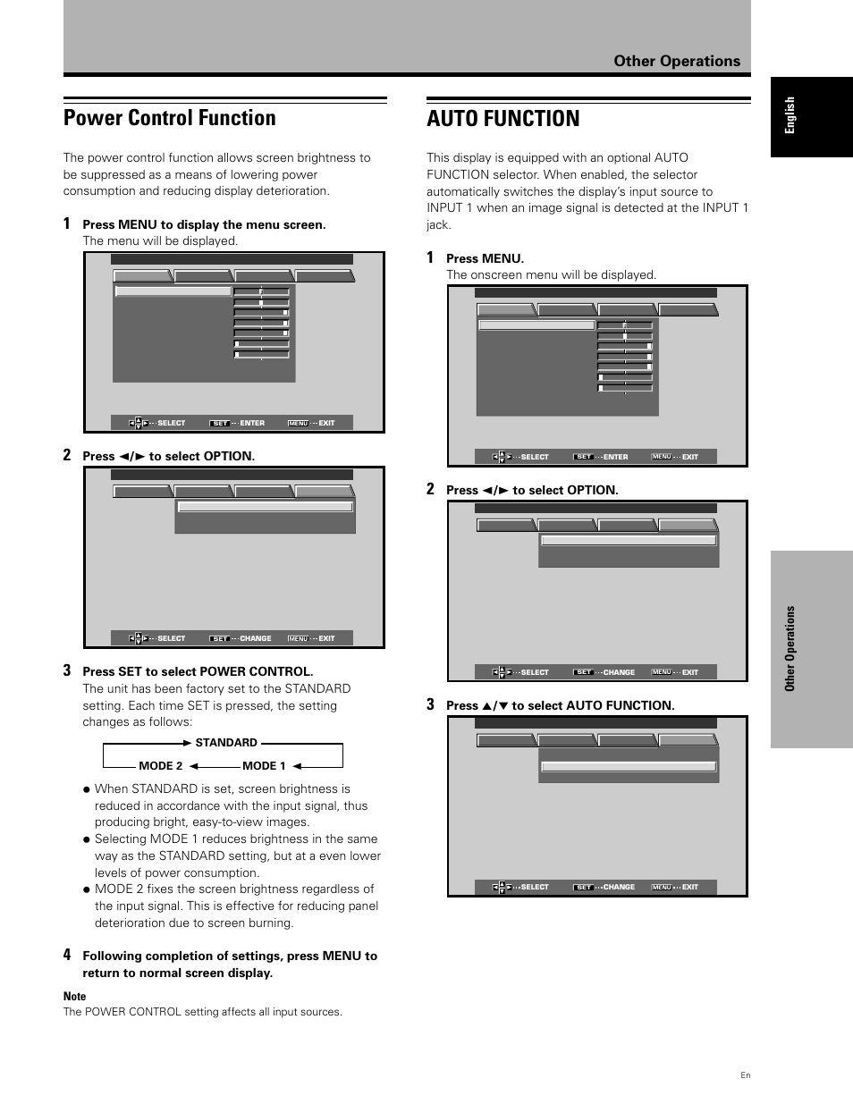 Power control function, Auto function, Other operations | Other operations english, Press 2 / 3 to select option, Press menu. the onscreen menu will be displayed, Press 5 / ∞ to select auto function | Planar PDP 43P User Manual | Page 34 / 43