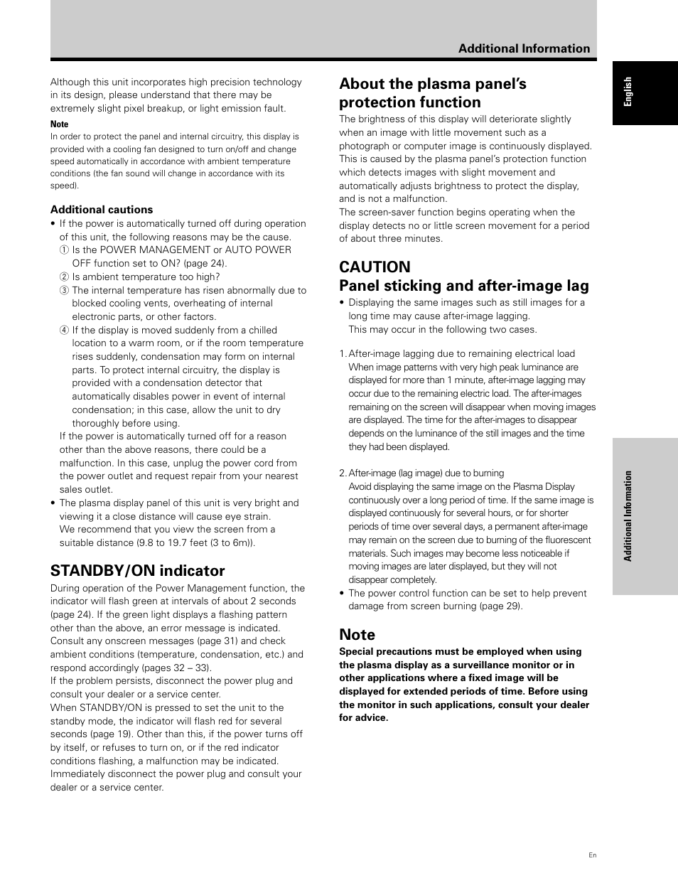 Standby/on indicator, About the plasma panel’s protection function, Caution panel sticking and after-image lag | Planar PDP 43P User Manual | Page 38 / 43