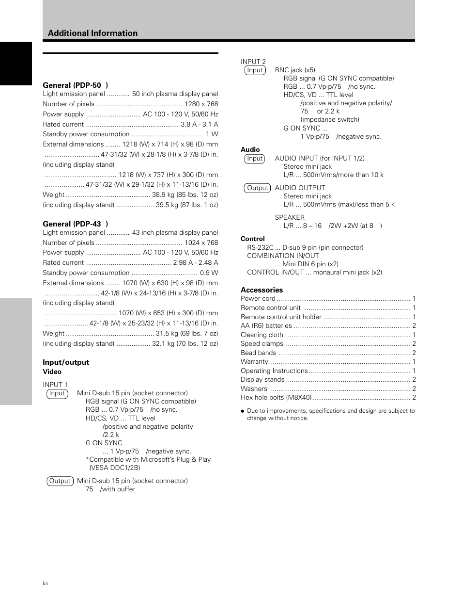 Specifications | Planar PDP 43P User Manual | Page 39 / 43