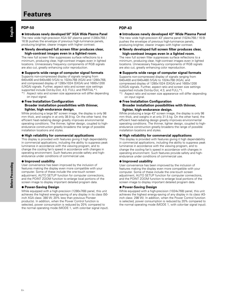 Features | Planar PDP 43P User Manual | Page 7 / 43