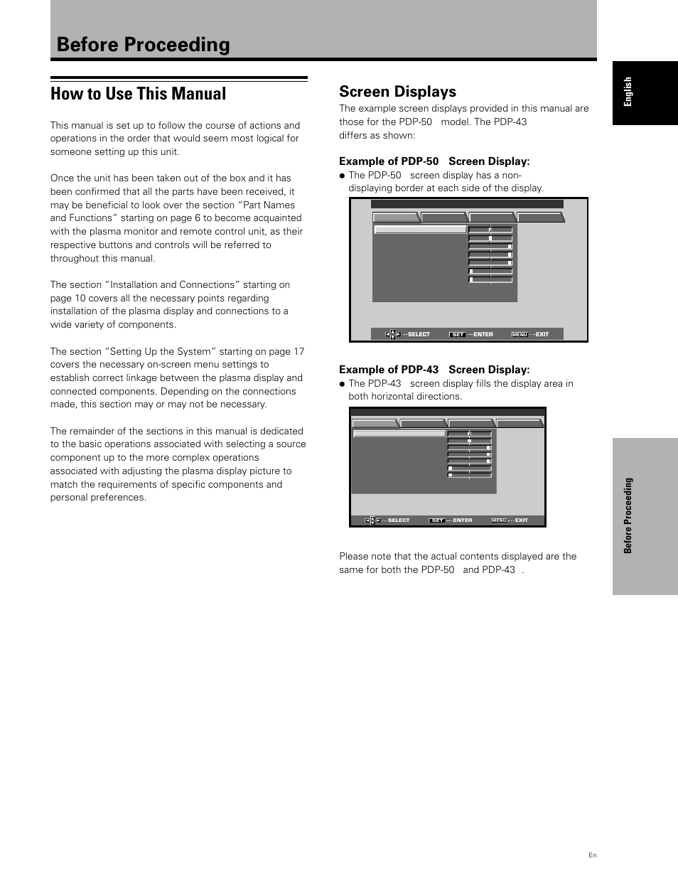 Before proceeding, How to use this manual, Screen displays | Example of pdp-50 p screen display, Example of pdp-43 p screen display, Before proceeding english | Planar PDP 43P User Manual | Page 8 / 43