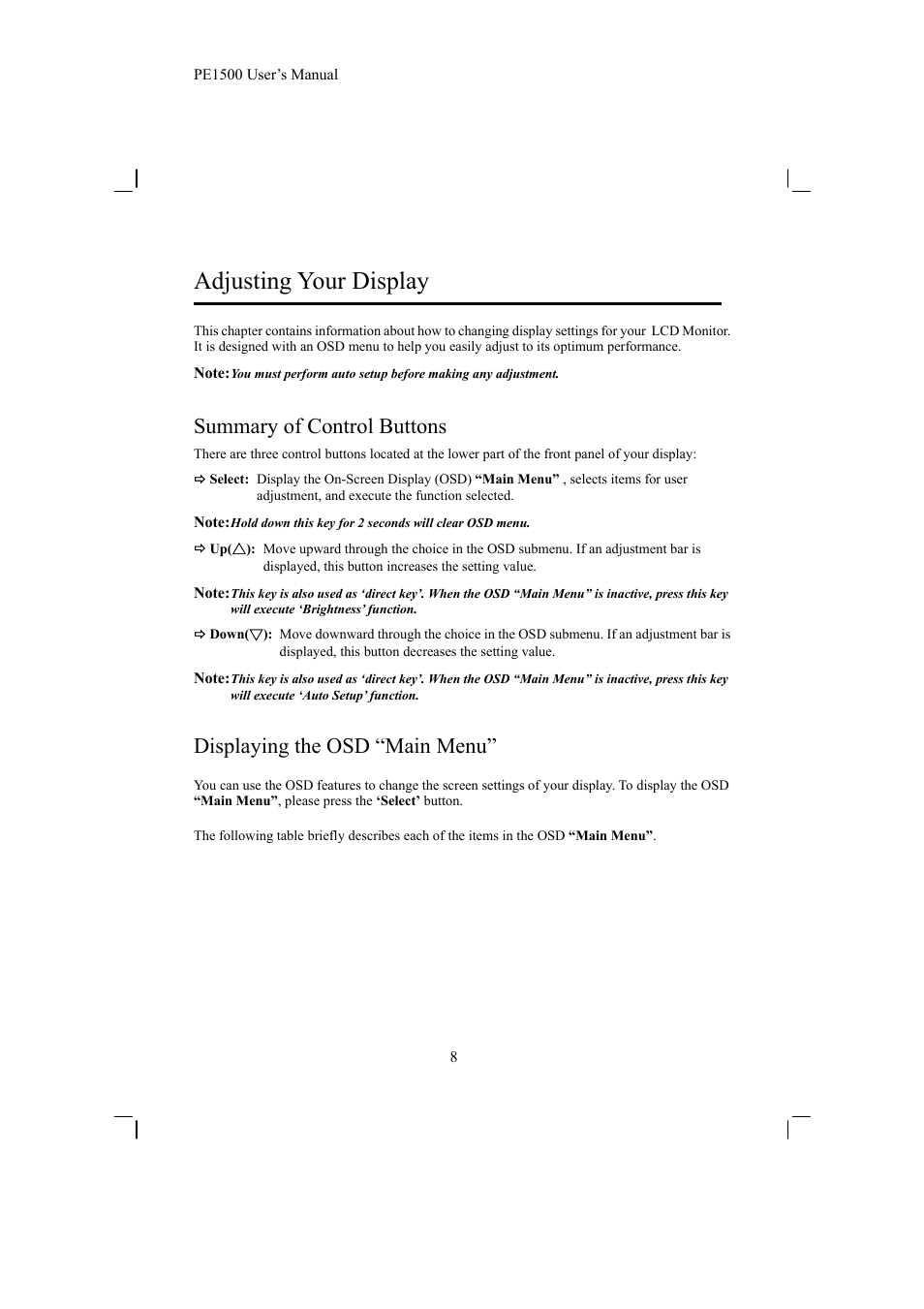 Adjusting your display, Summary of control buttons, Displaying the osd “main menu | Planar PE1500 User Manual | Page 10 / 27