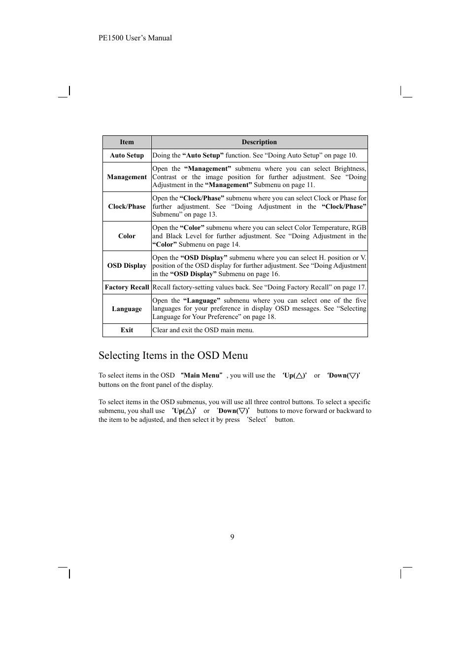 Selecting items in the osd menu | Planar PE1500 User Manual | Page 11 / 27