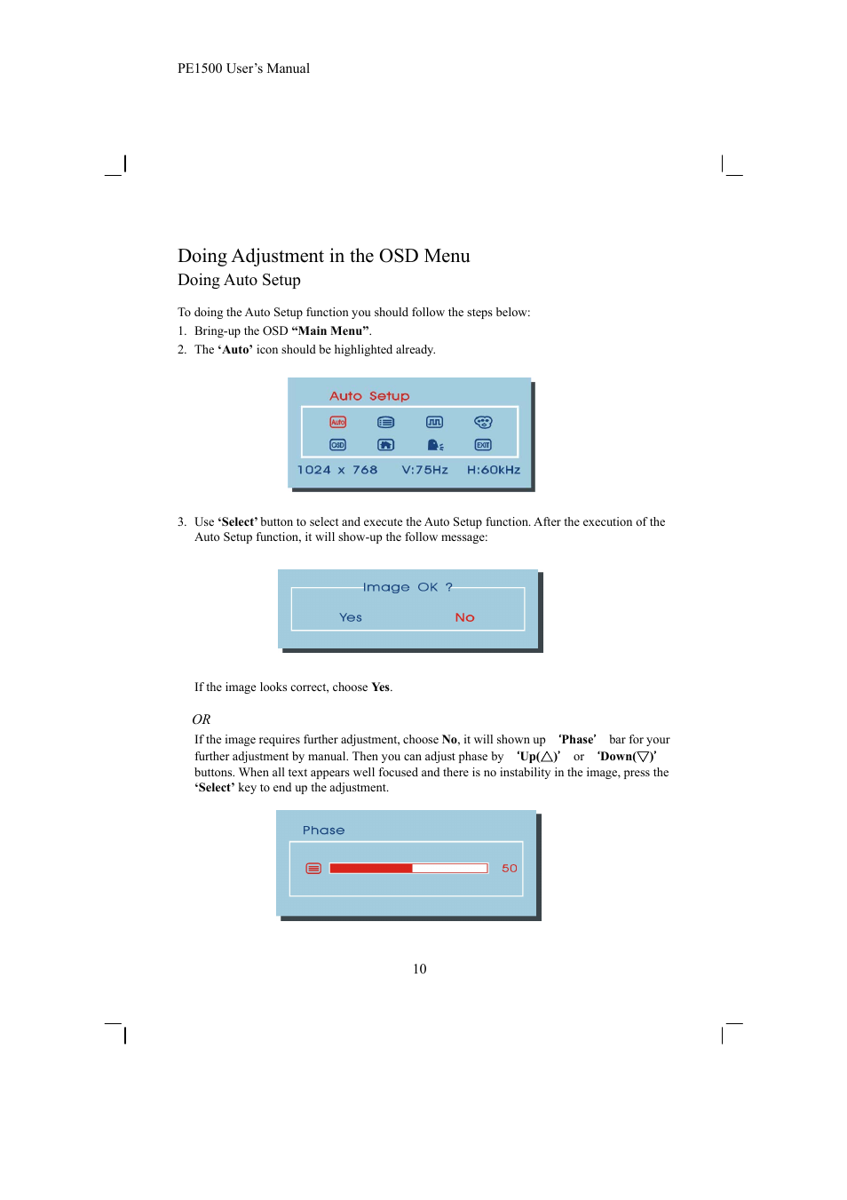 Doing adjustment in the osd menu, Doing auto setup | Planar PE1500 User Manual | Page 12 / 27