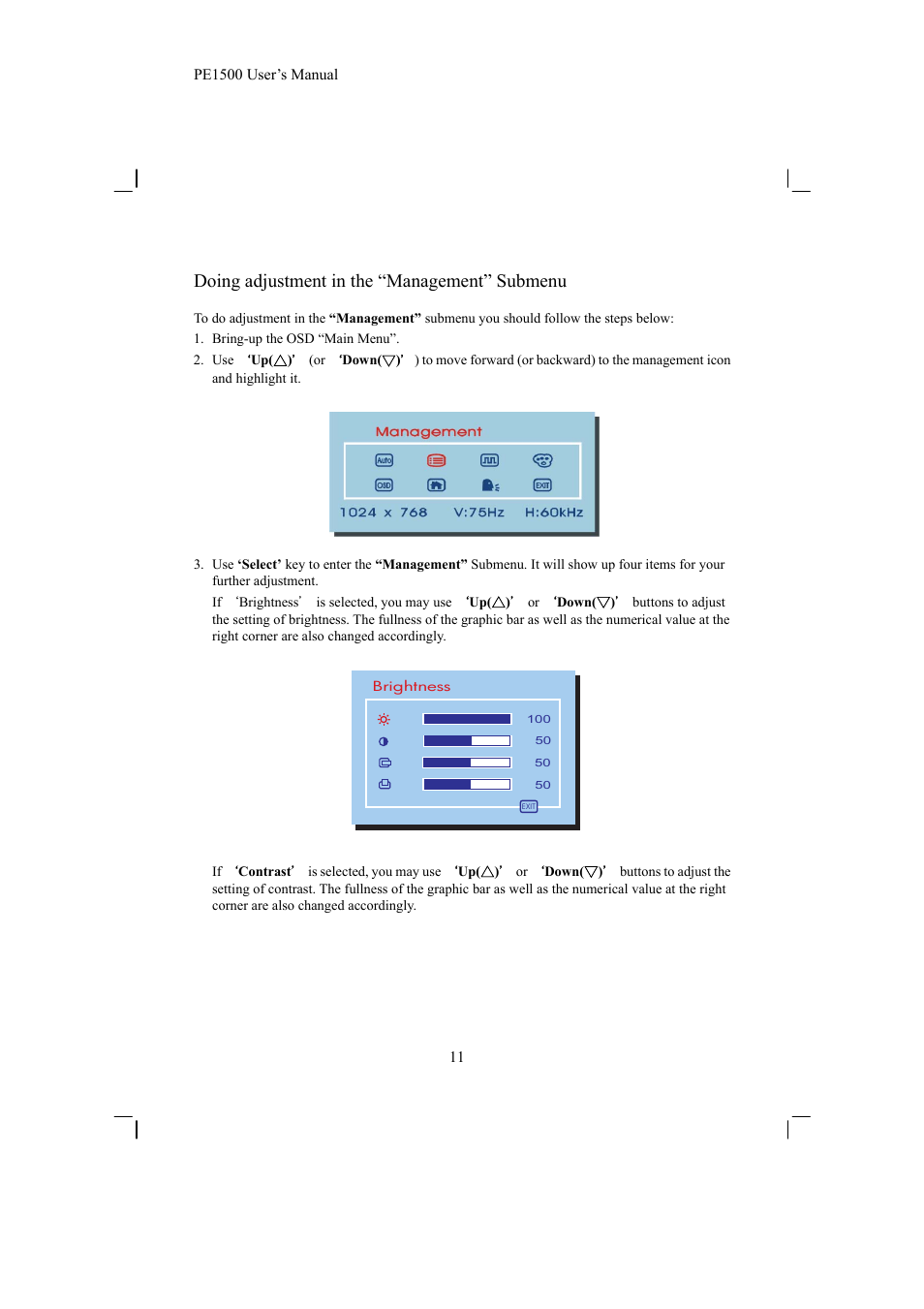 Doing adjustment in the “management” submenu | Planar PE1500 User Manual | Page 13 / 27