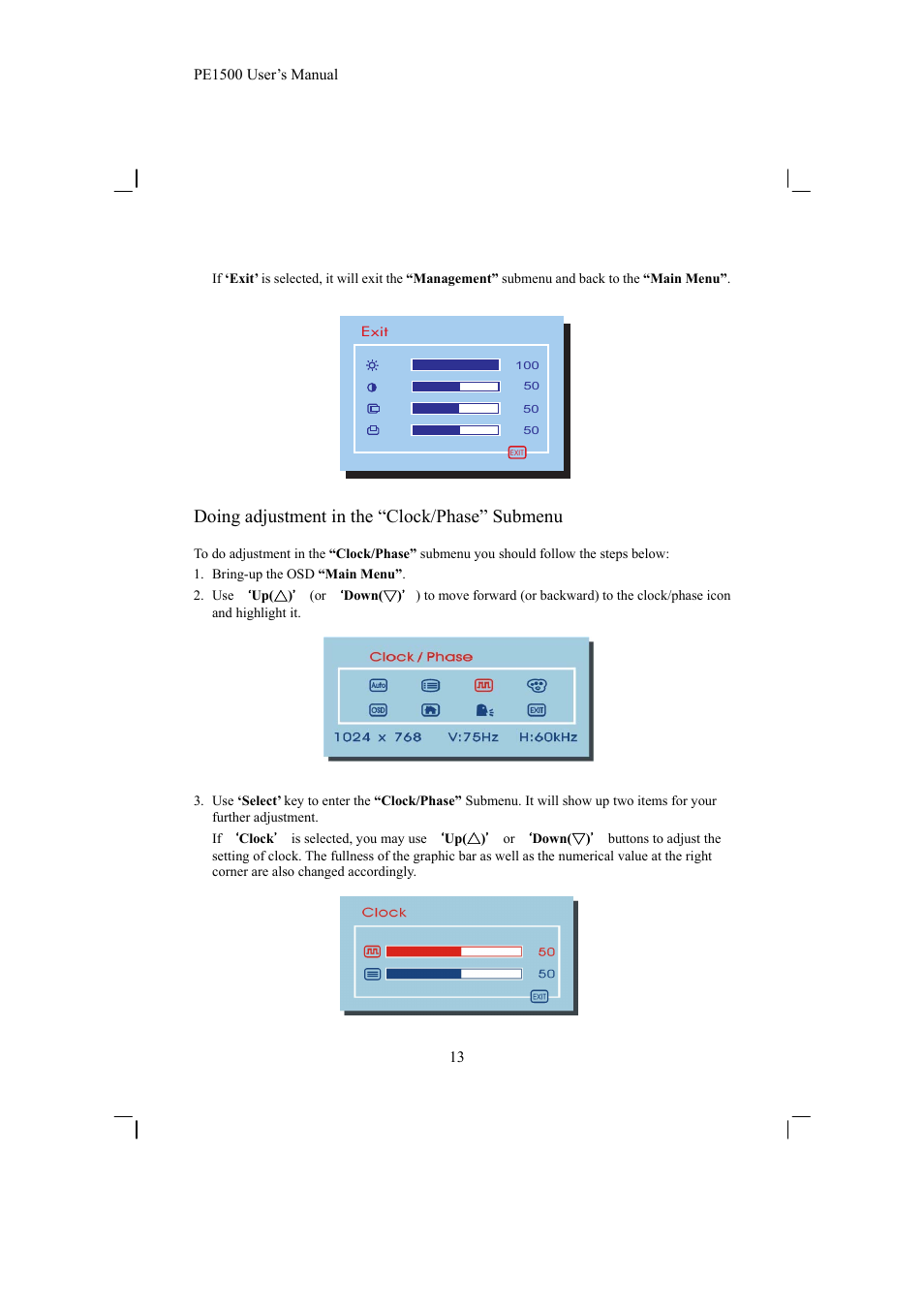 Doing adjustment in the “clock/phase” submenu | Planar PE1500 User Manual | Page 15 / 27