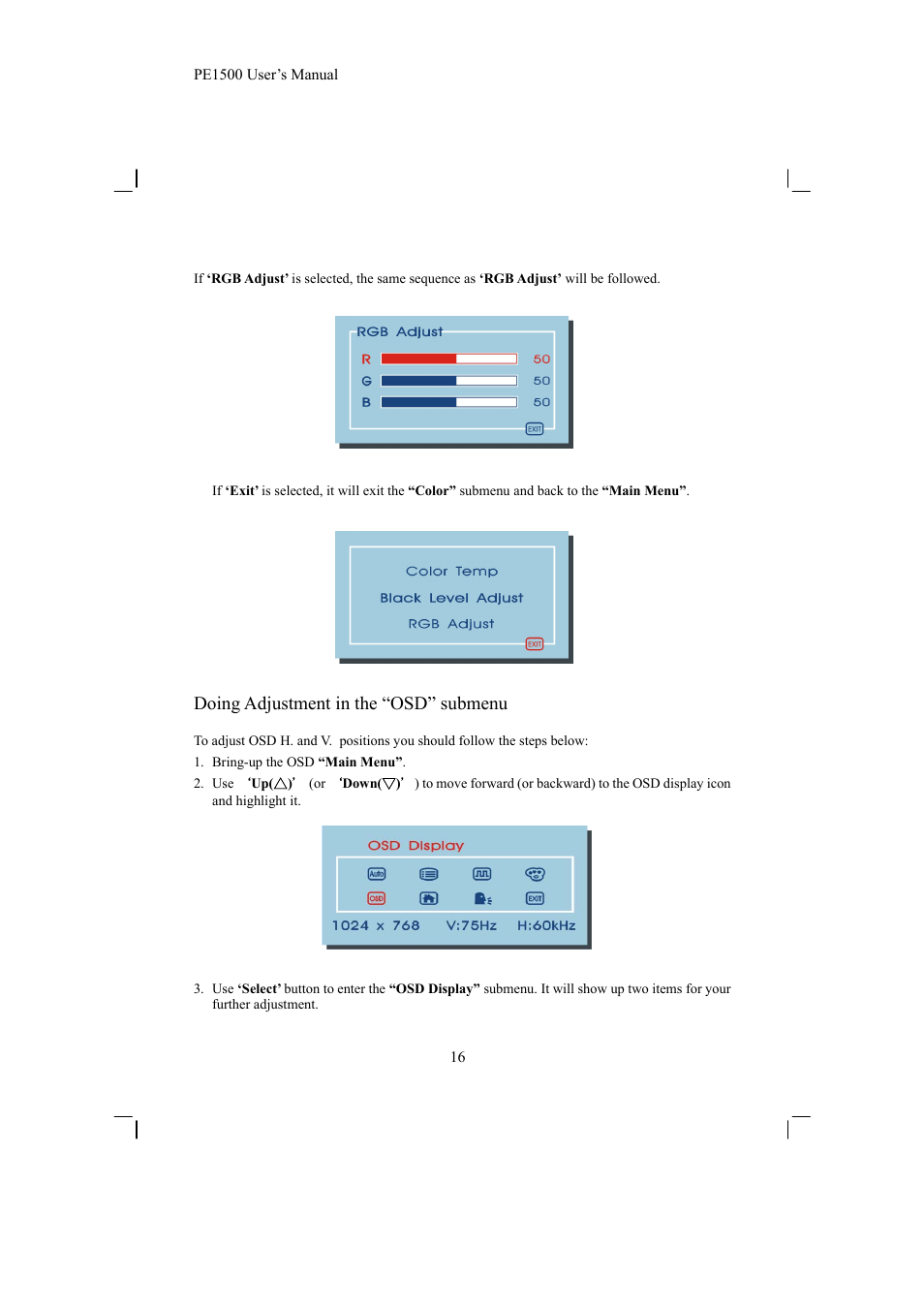 Doing adjustment in the “osd” submenu | Planar PE1500 User Manual | Page 18 / 27