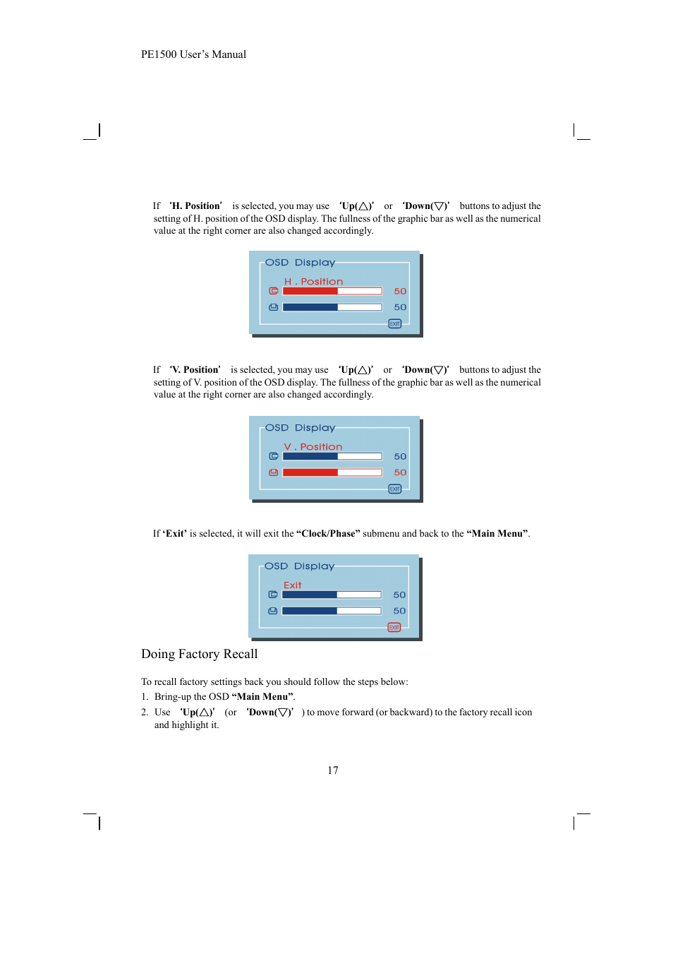 Doing factory recall | Planar PE1500 User Manual | Page 19 / 27