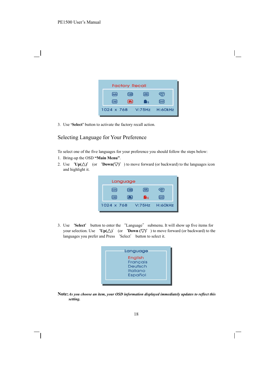 Selecting language for your preference | Planar PE1500 User Manual | Page 20 / 27