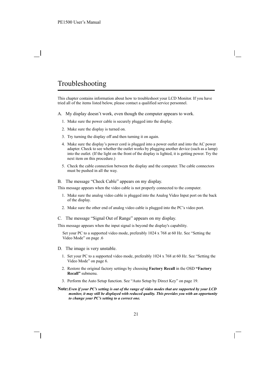 Troubleshooting | Planar PE1500 User Manual | Page 23 / 27