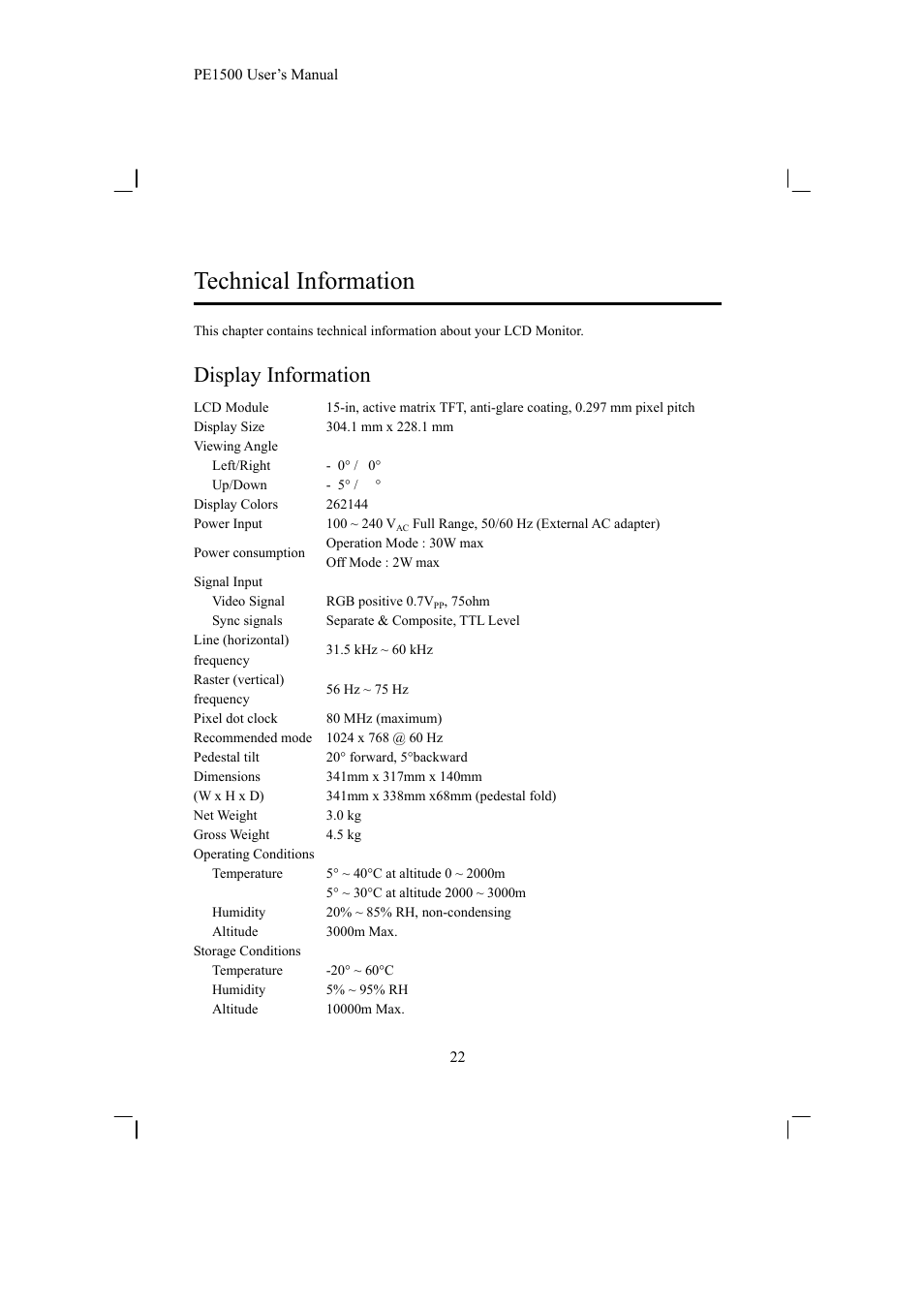 Technical information, Display information | Planar PE1500 User Manual | Page 24 / 27