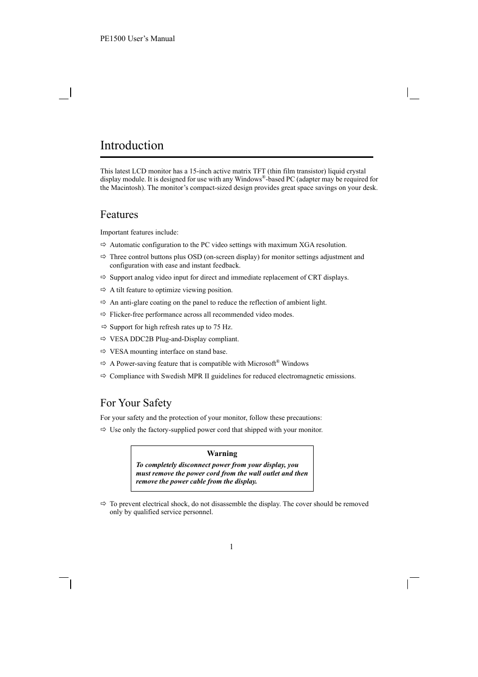Introduction, Features, For your safety | Planar PE1500 User Manual | Page 3 / 27