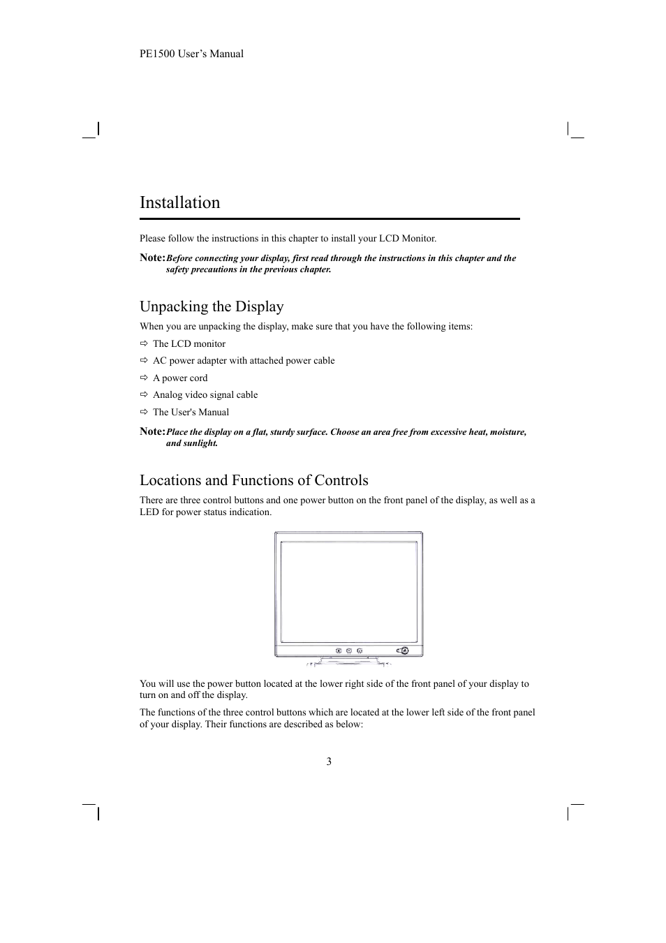 Installation, Unpacking the display, Locations and functions of controls | Planar PE1500 User Manual | Page 5 / 27