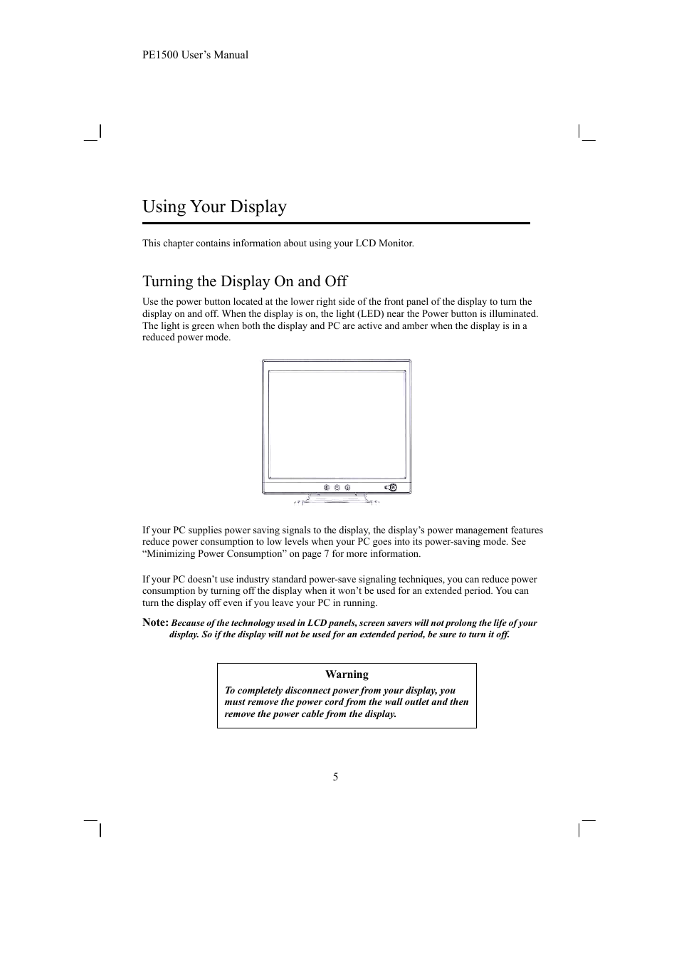 Using your display, Turning the display on and off | Planar PE1500 User Manual | Page 7 / 27