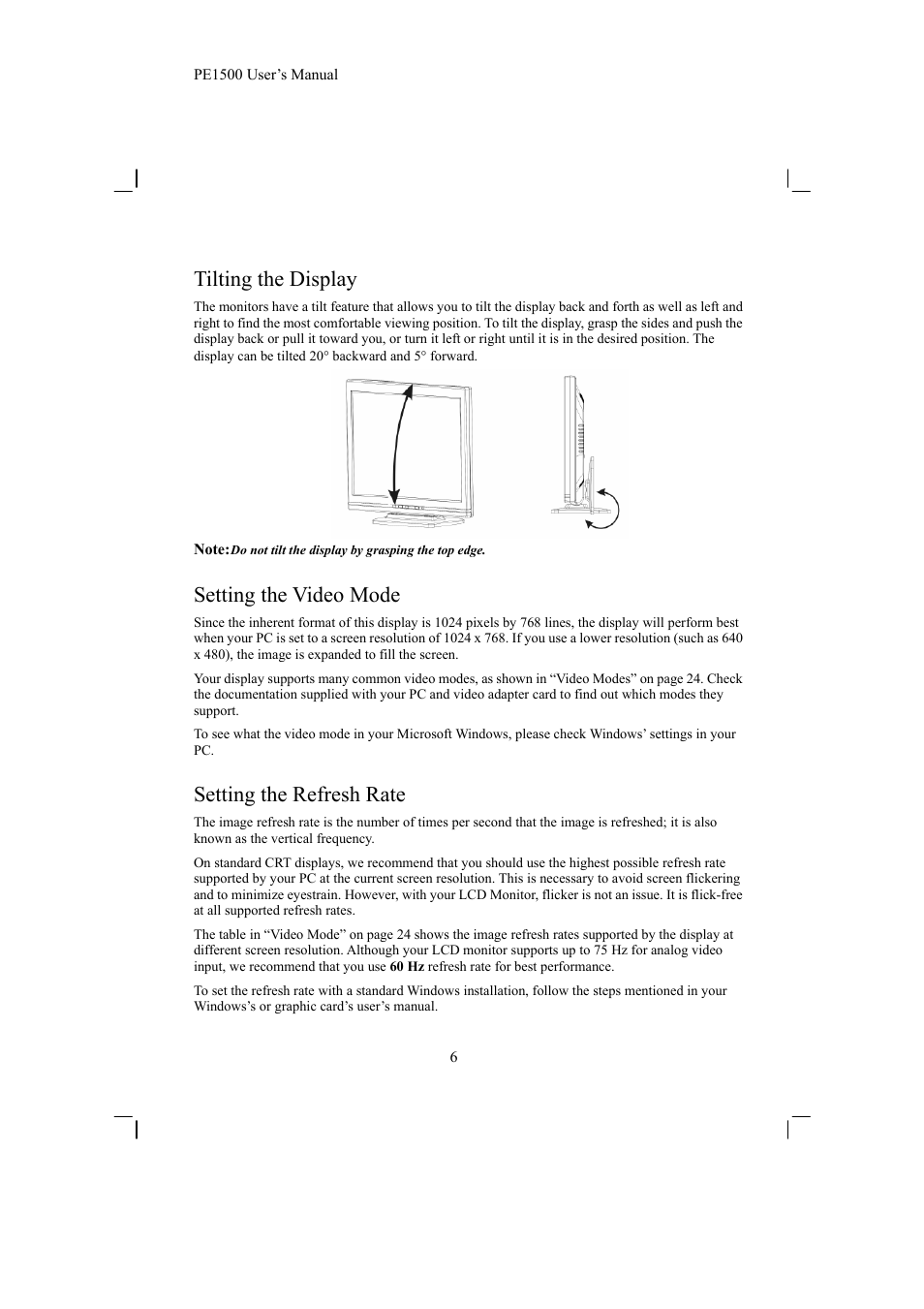 Tilting the display, Setting the video mode, Setting the refresh rate | Planar PE1500 User Manual | Page 8 / 27