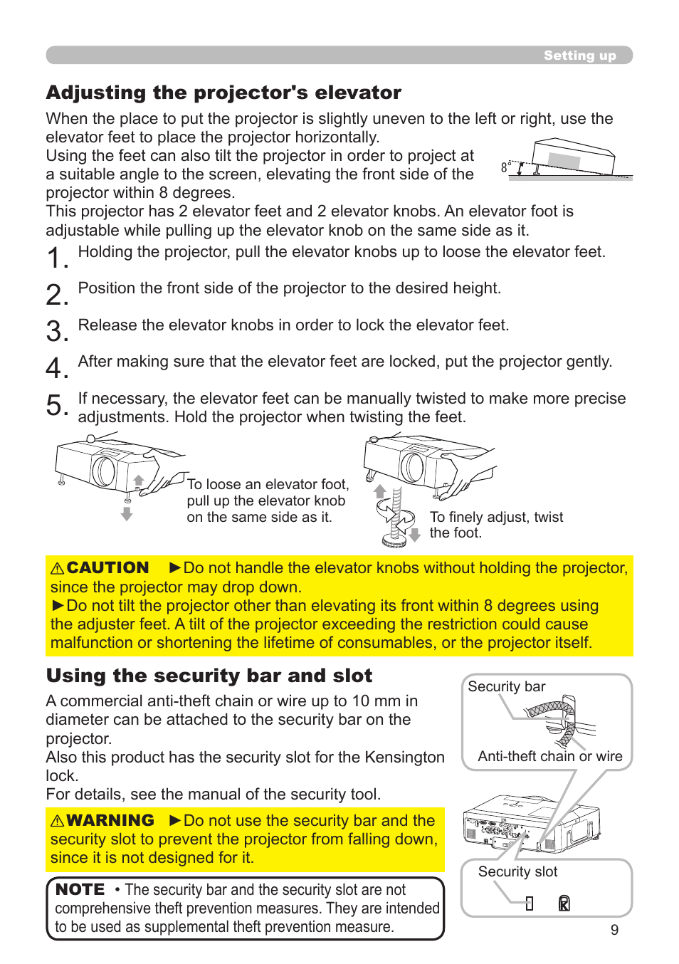 Adjusting the projector's elevator, Using the security bar and slot | Planar PR Line PR9020 User Manual | Page 11 / 76