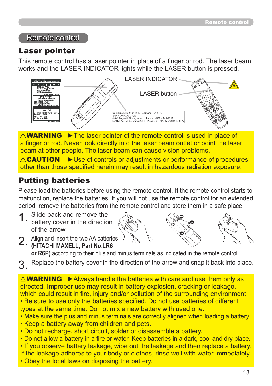 Remote control laser pointer, Putting batteries | Planar PR Line PR9020 User Manual | Page 15 / 76