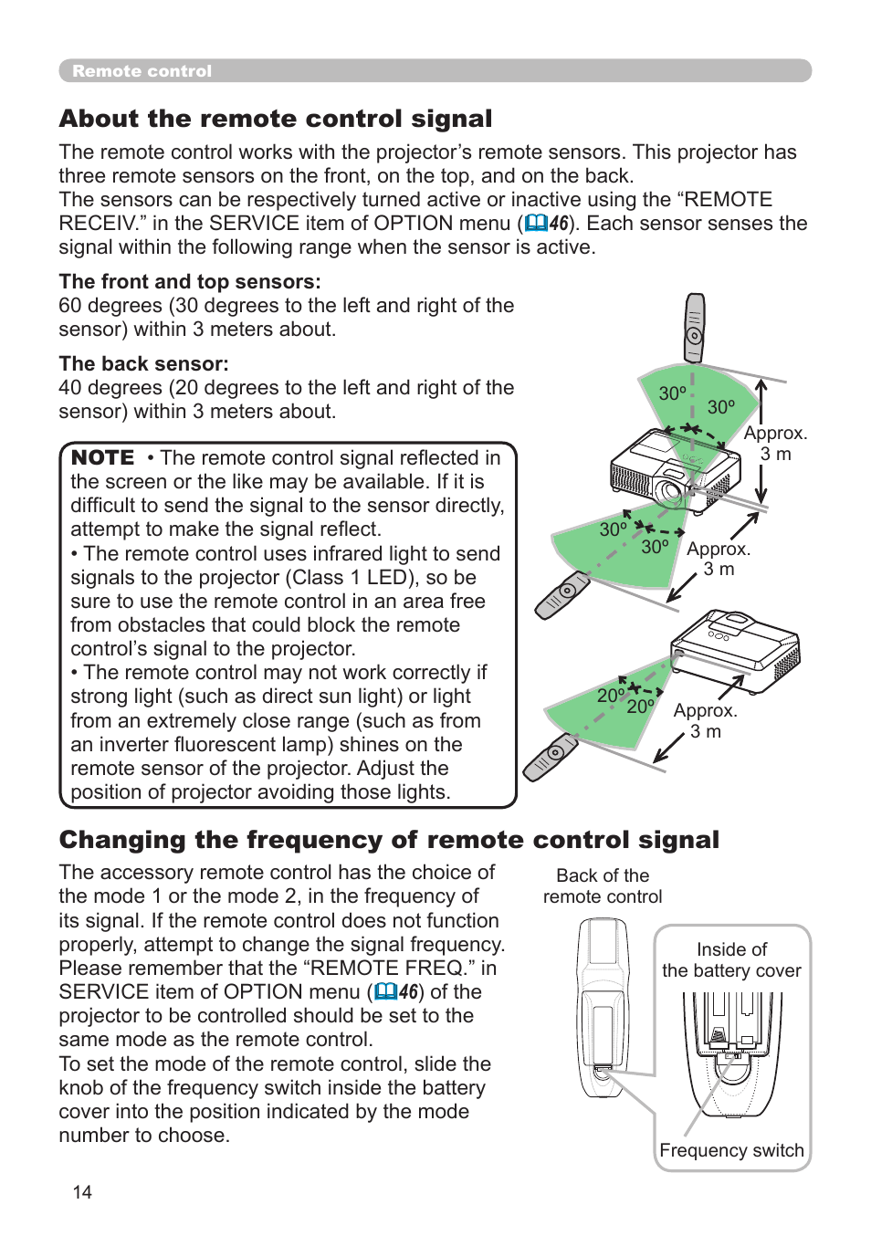 About the remote control signal, Changing the frequency of remote control signal | Planar PR Line PR9020 User Manual | Page 16 / 76