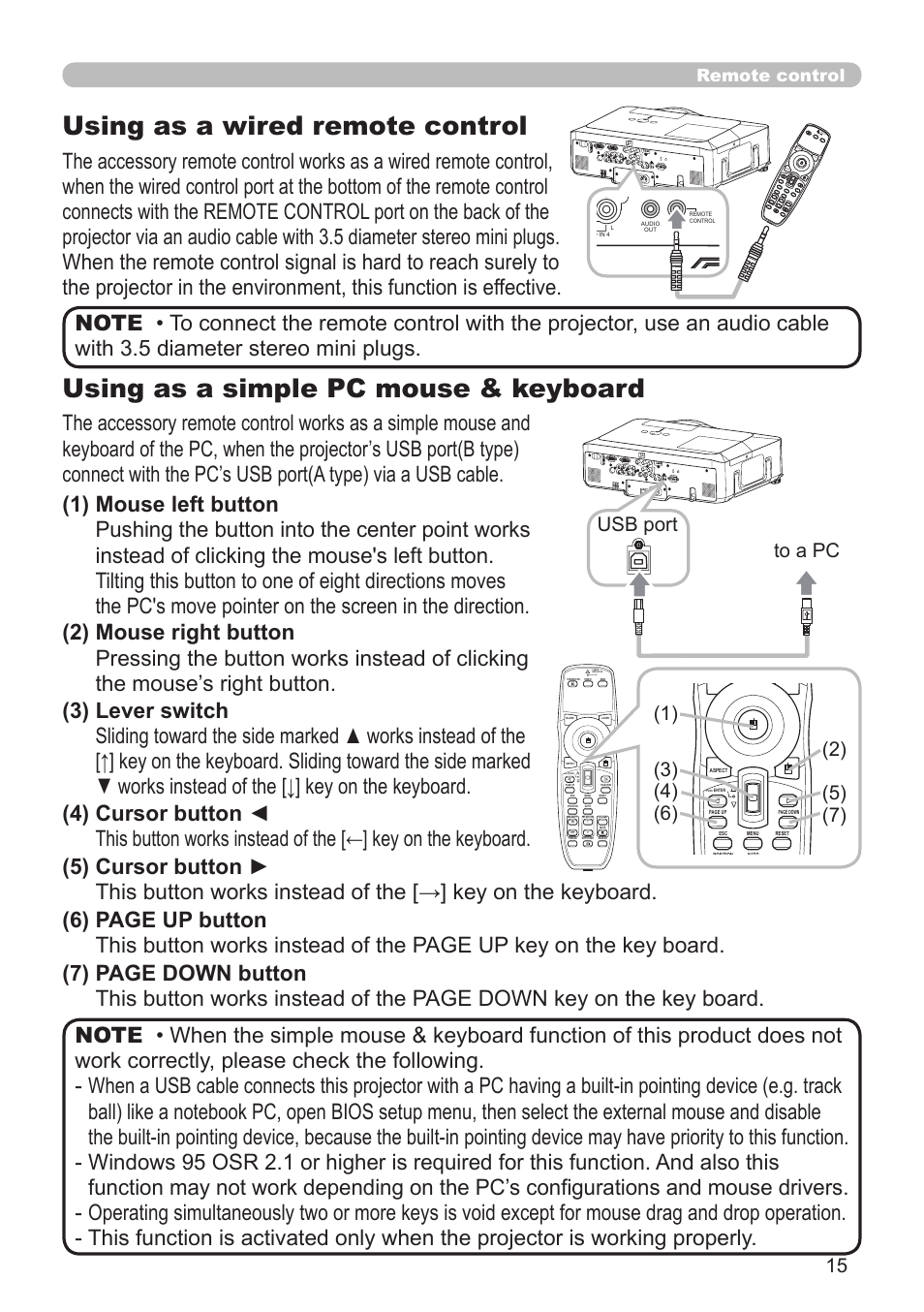 Using as a wired remote control, Using as a simple pc mouse & keyboard, Remote control | Push, Blank laser aspec t push ent er laser indica tor | Planar PR Line PR9020 User Manual | Page 17 / 76