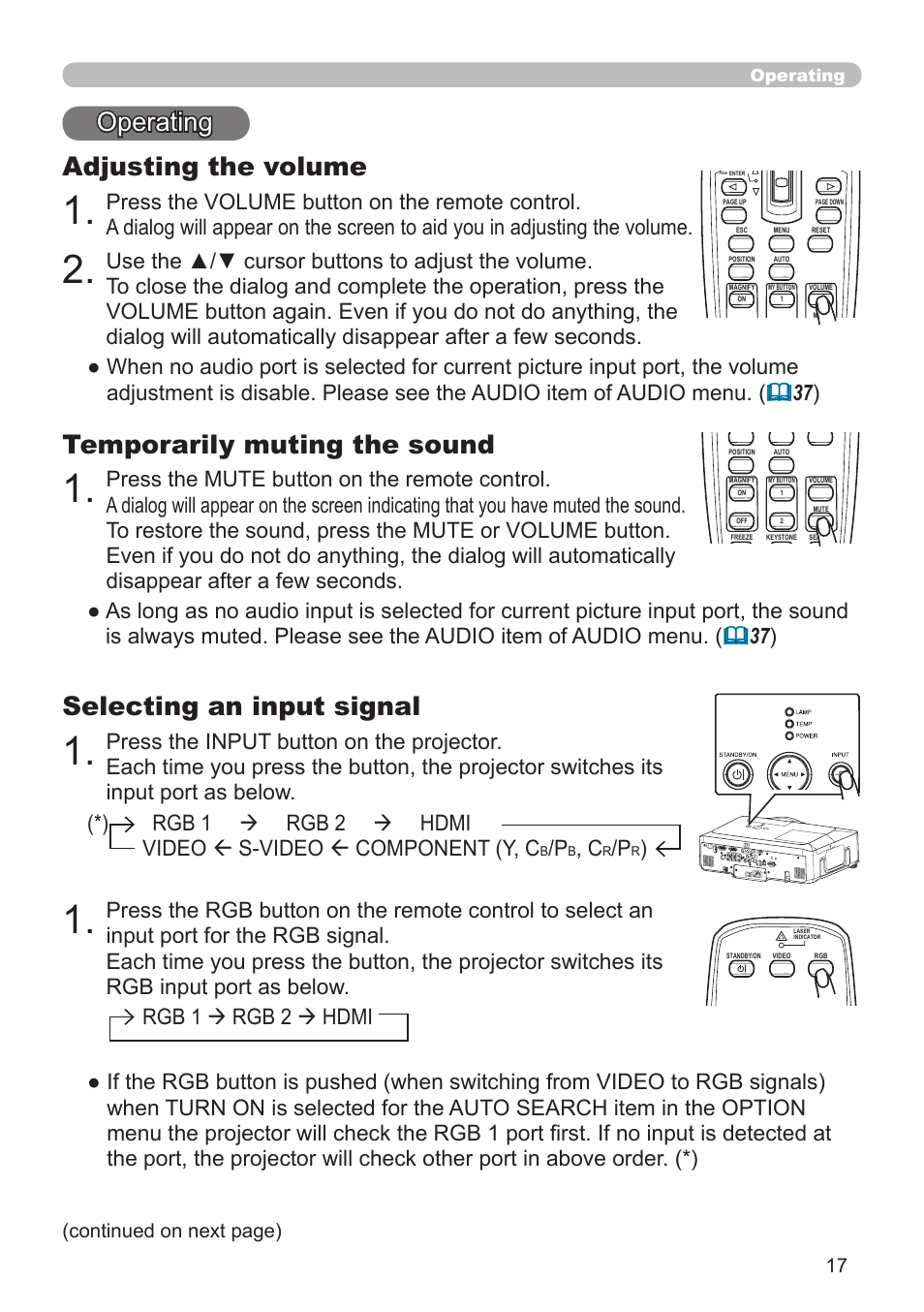 Adjusting the volume, Temporarily muting the sound, Selecting an input signal | Rgb 1  rgb 2  hdmi, Continued on next page), Operating | Planar PR Line PR9020 User Manual | Page 19 / 76